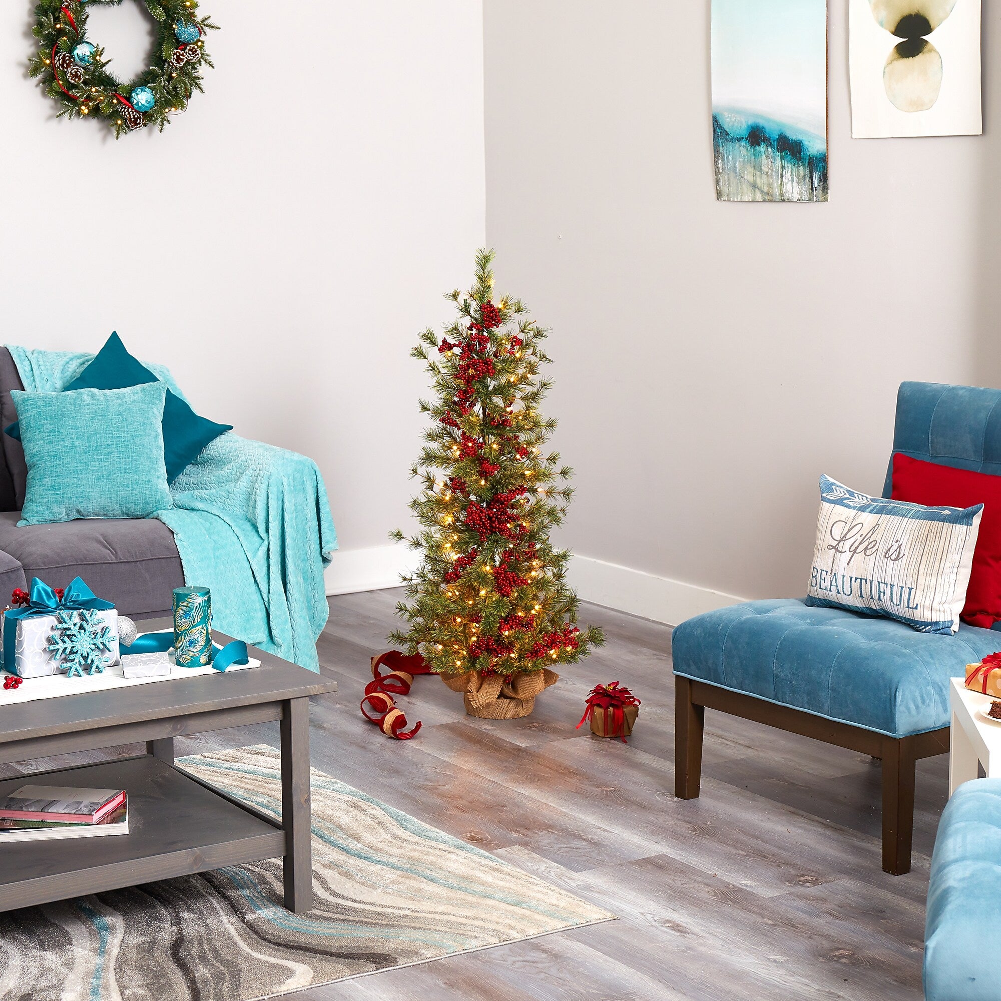 Nearly Natural 4-ft Berry and Pine Artificial Christmas Tree in Burlap Wrapped Base (T1427)