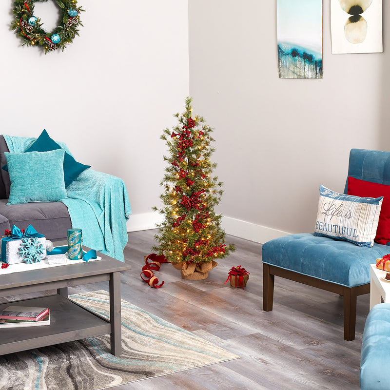 Nearly Natural 4-ft Berry and Pine Artificial Christmas Tree in Burlap Wrapped Base (T1427)