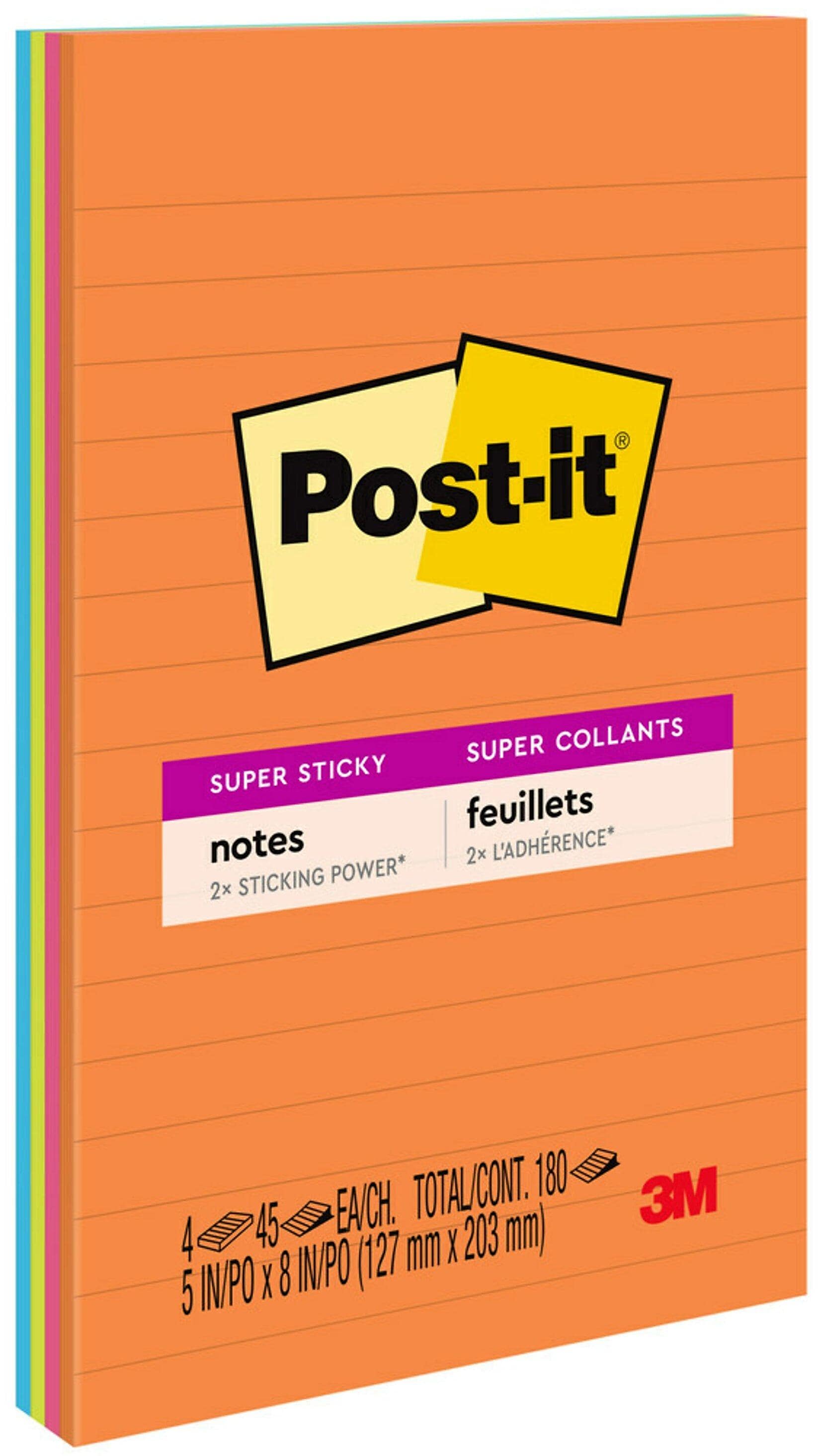 Post-it Super Sticky Notes, 5" x 8", Energy Boost Collection, Lined, 45 Sheet/Pad, 4 Pads/Pack (5845SSUC)