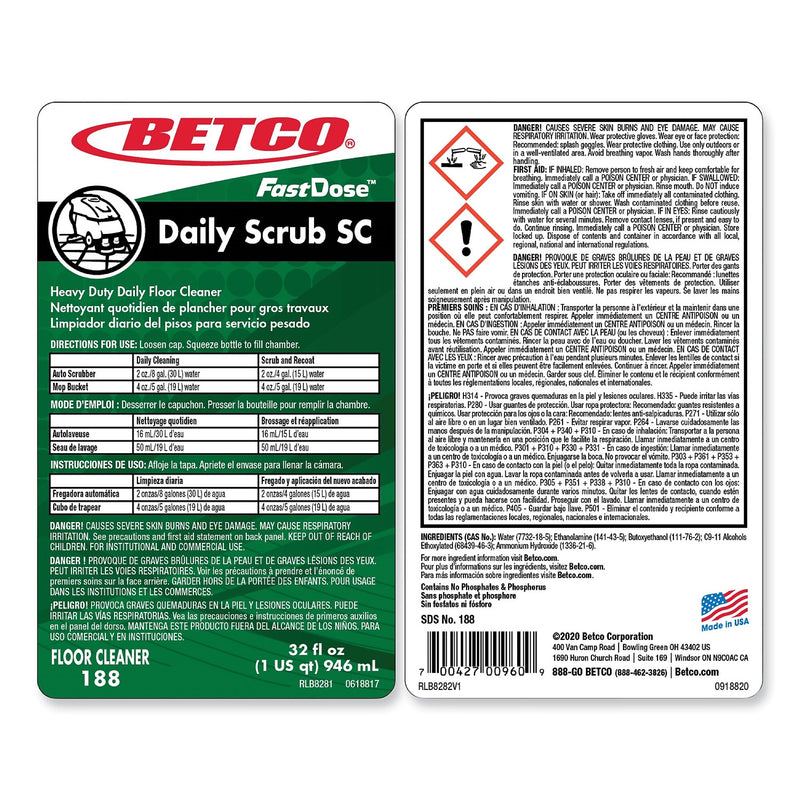 Betco Daily Scrub SC Floor Cleaner, Characteristic Scent, 32 oz Bottle, 6/Carton