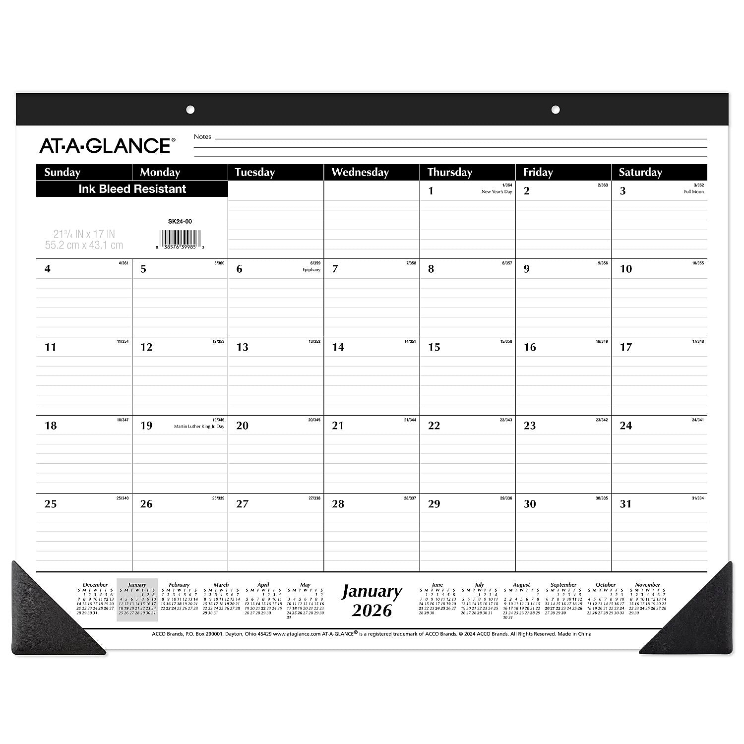 2026 AT-A-GLANCE 21.75" x 17" Monthly Desk Pad Calendar, White/Black (SK24-00-26)