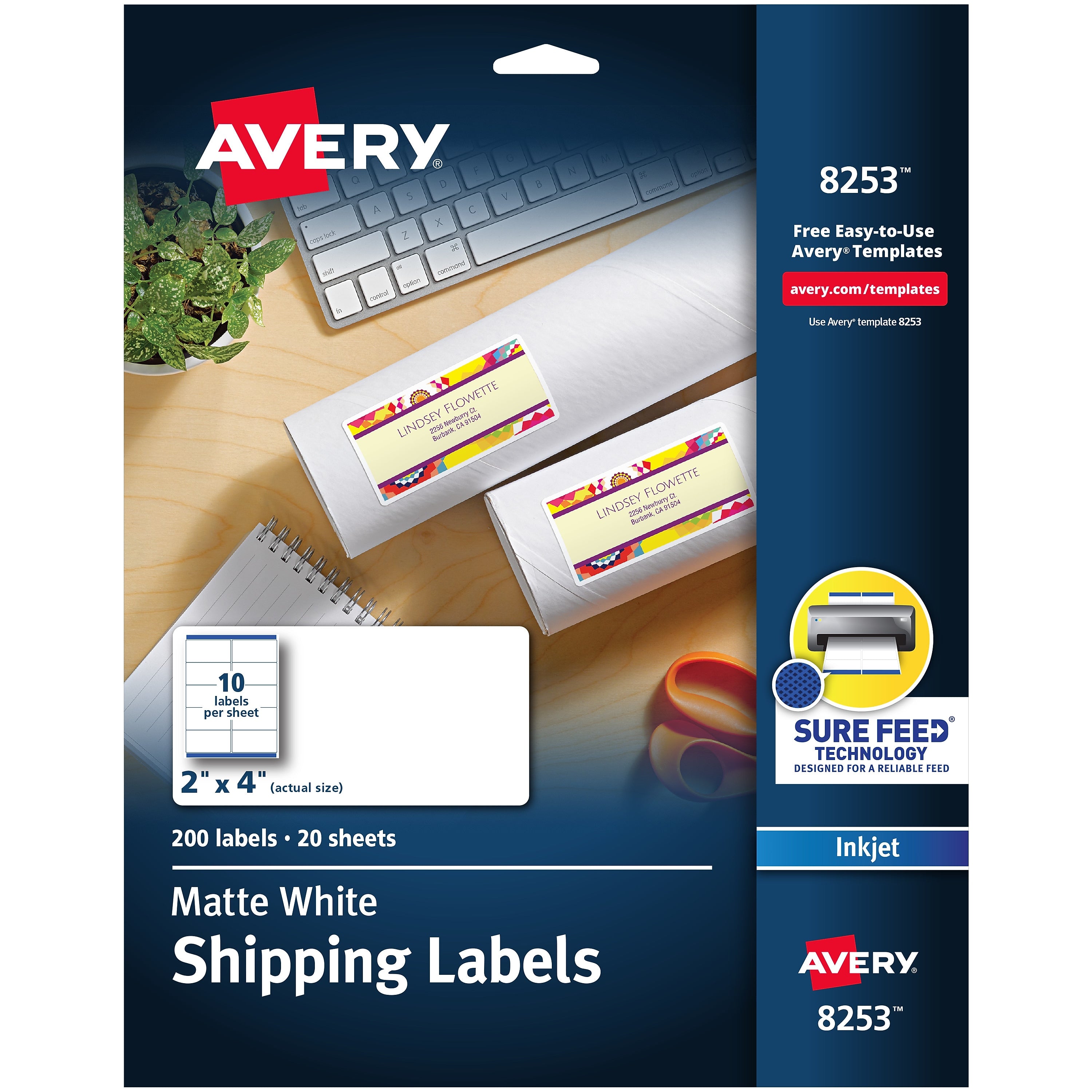 Avery Sure Feed Inkjet Shipping Labels, 2" x 4", White, 200 Labels/Pack (8253)