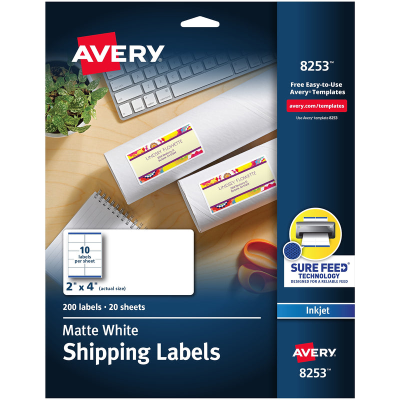 Avery Sure Feed Inkjet Shipping Labels, 2" x 4", White, 200 Labels/Pack (8253)