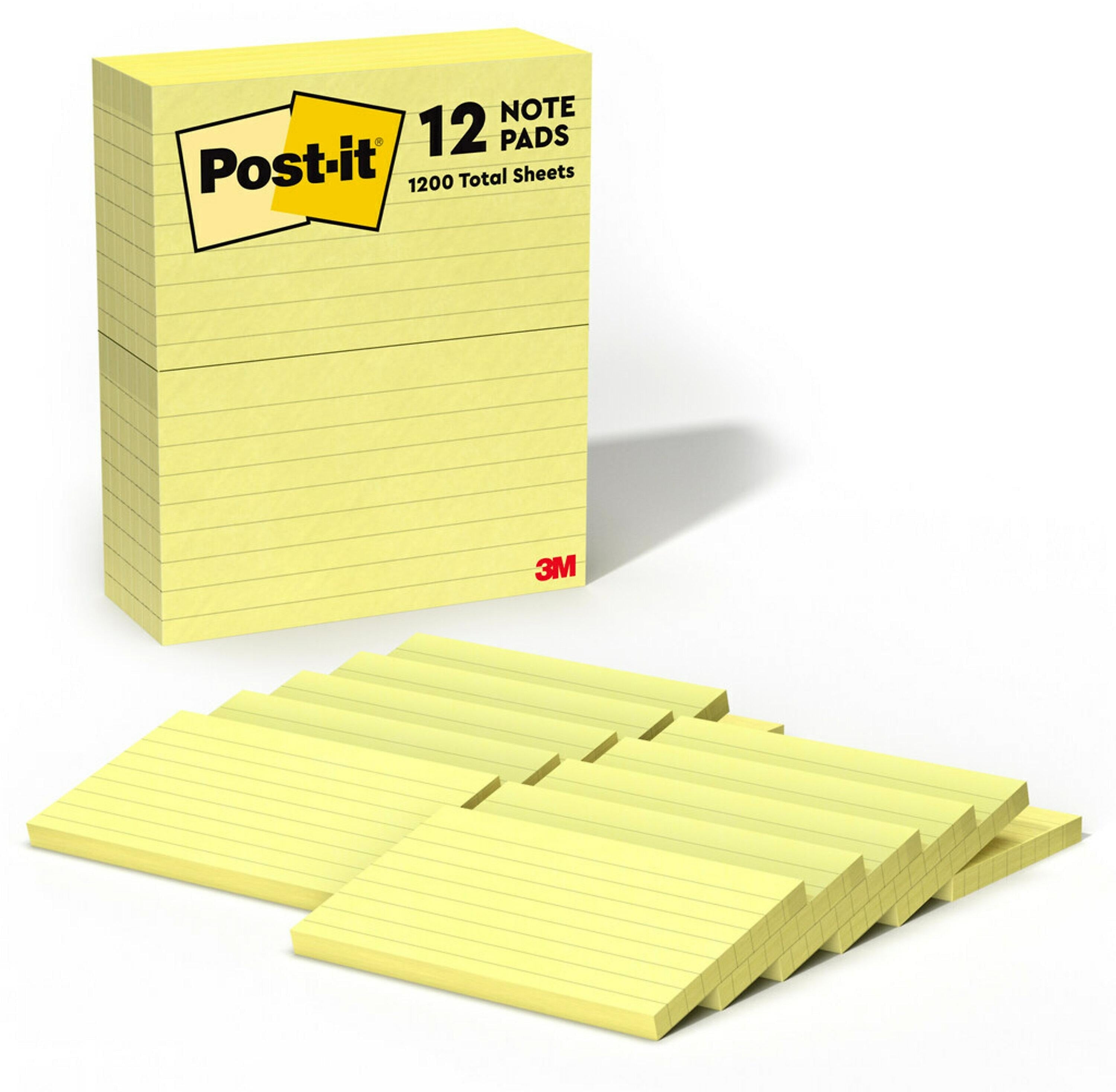 Post-it Notes, 3" x 5", Canary Collection, Lined, 100 Sheet/Pad, 12 Pads/Pack (635YW)