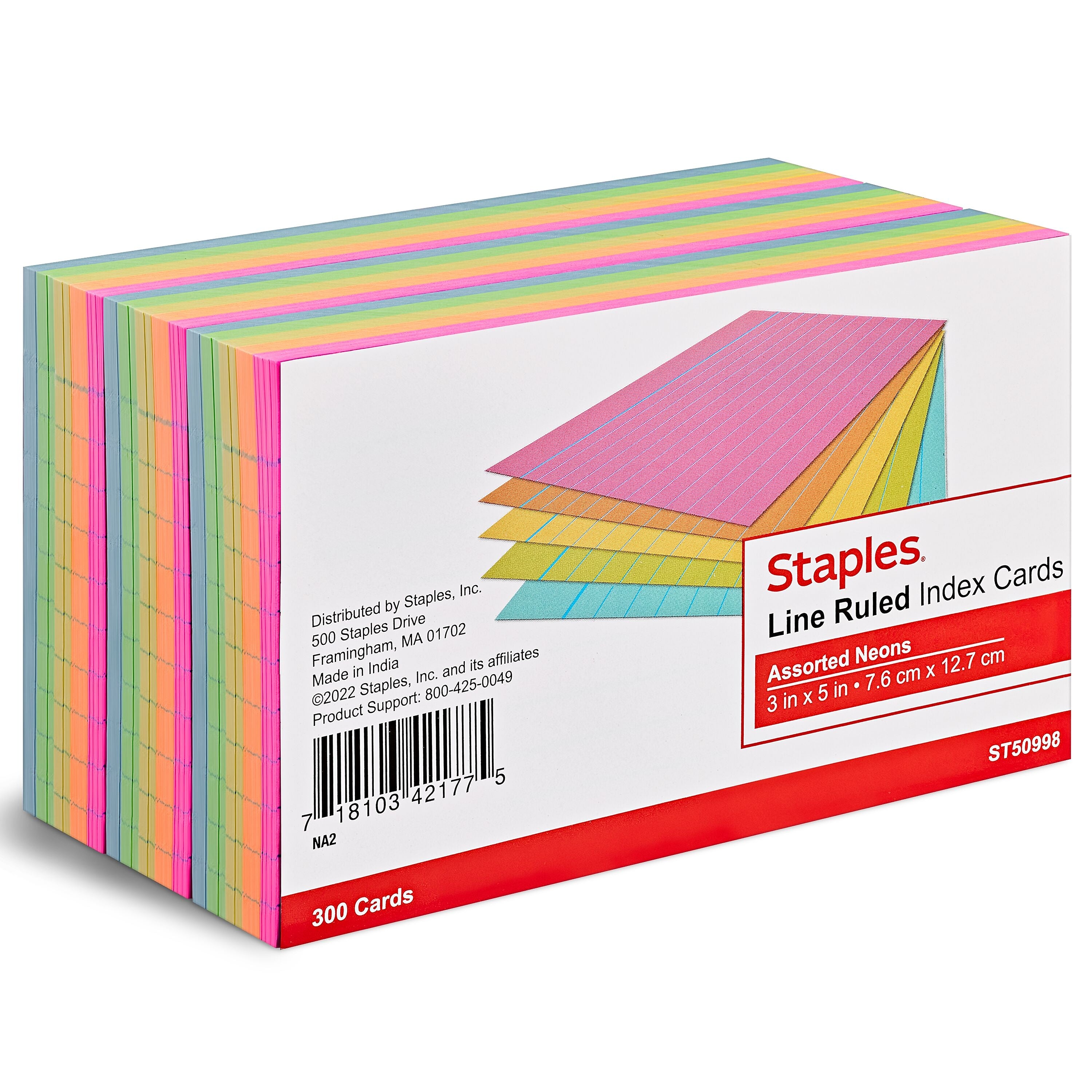 Staples 3" x 5" Index Cards, Lined, Assorted Colors, 300/Pack (TR50998)