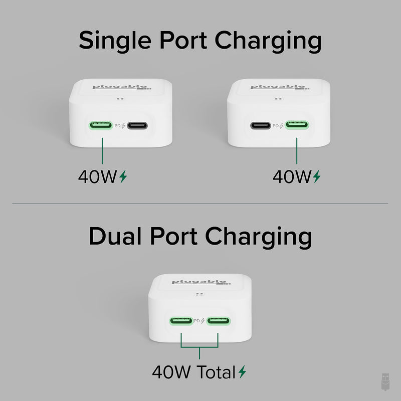 Plugable 40W Dual USB-C Wall Charger, White (PS-40C2W)