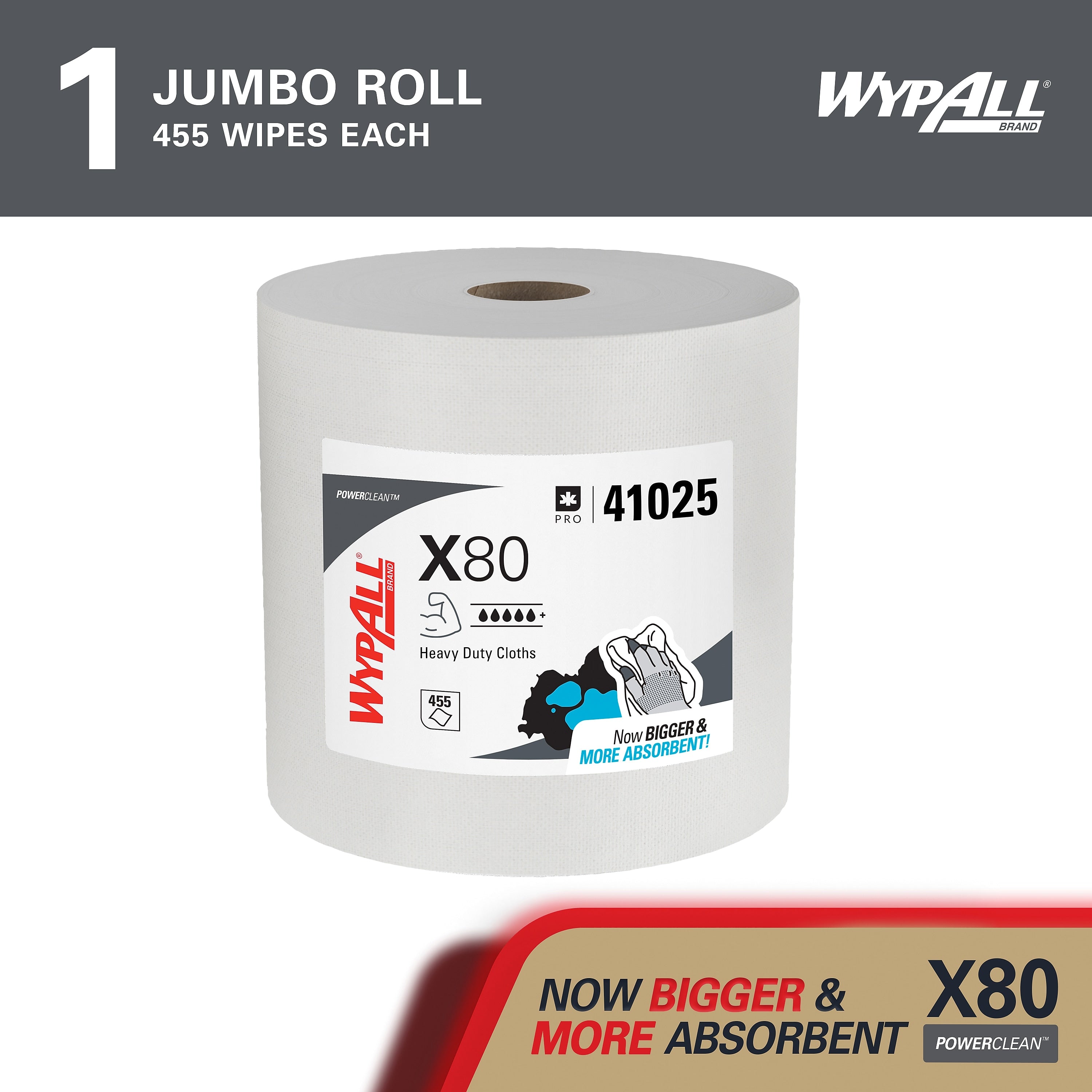 WypAll PowerClean X80 Fabric Cleaning Wipers, White, 455 Sheets/Roll (41025)