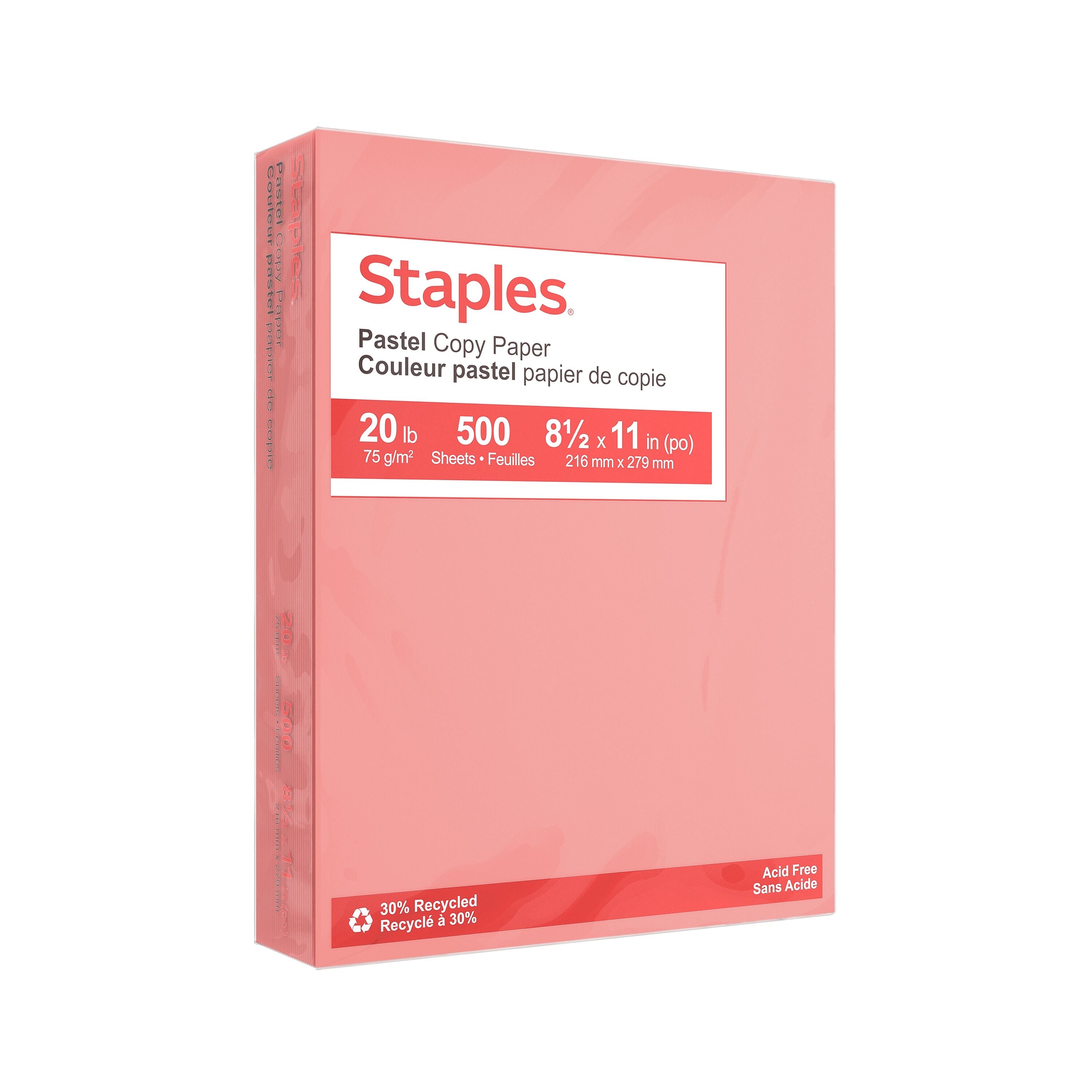 Staples Pastel 30% Recycled Color Copy Paper, 20 lbs., 8.5" x 11", Salmon, 500/Ream (14783)