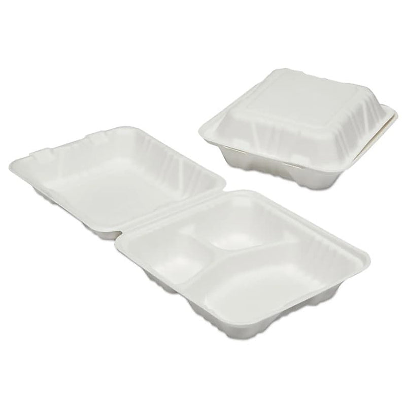 AbilityOne SKILCRAFT 3-Compartment Hinged Lid Food Container, Microwave Safe, White, 200/Pack, (NSN6646905)