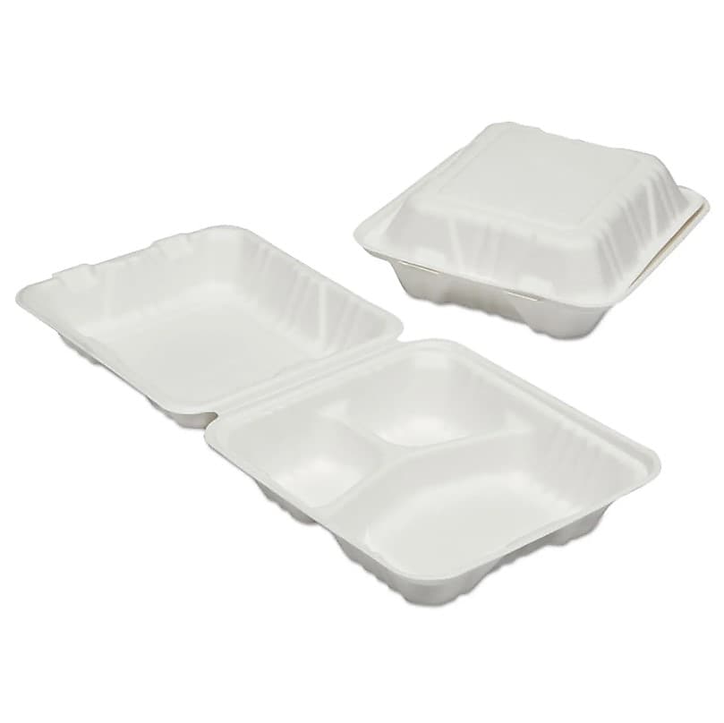 AbilityOne SKILCRAFT 3-Compartment Hinged Lid Food Container, Microwave Safe, White, 200/Pack, (NSN6646905)