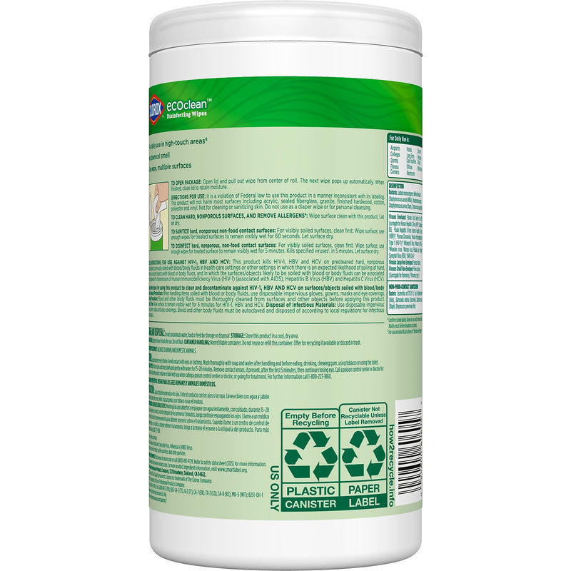 Clorox EcoClean Disinfecting Wipes, 75 Wipes/Container (60605)