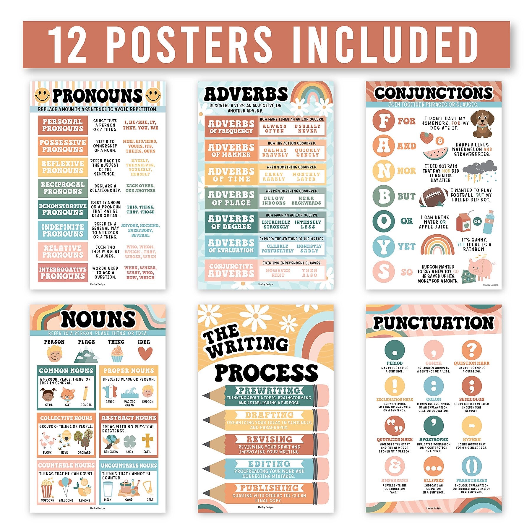 Hadley Designs 11" x 17" Retro Parts of Speech Language Arts and Grammar Laminated Posters, 12/Set (HDDX004A2EQ6J)