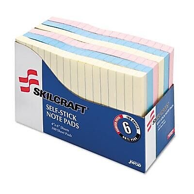 AbilityOne Self-Stick Note Pads, 4" x 6", Ruled, Assorted Colors, 6/Pack (7530014560684)