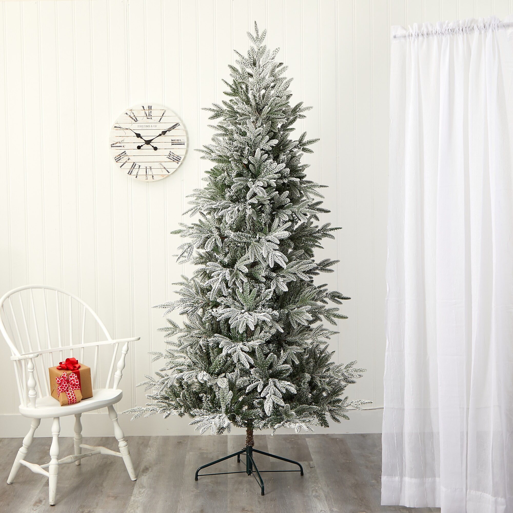 Nearly Natural 7.5-ft Flocked Manchester Spruce Artificial Christmas Tree with 450 Lights and 949 Bendable Branches (T1855)