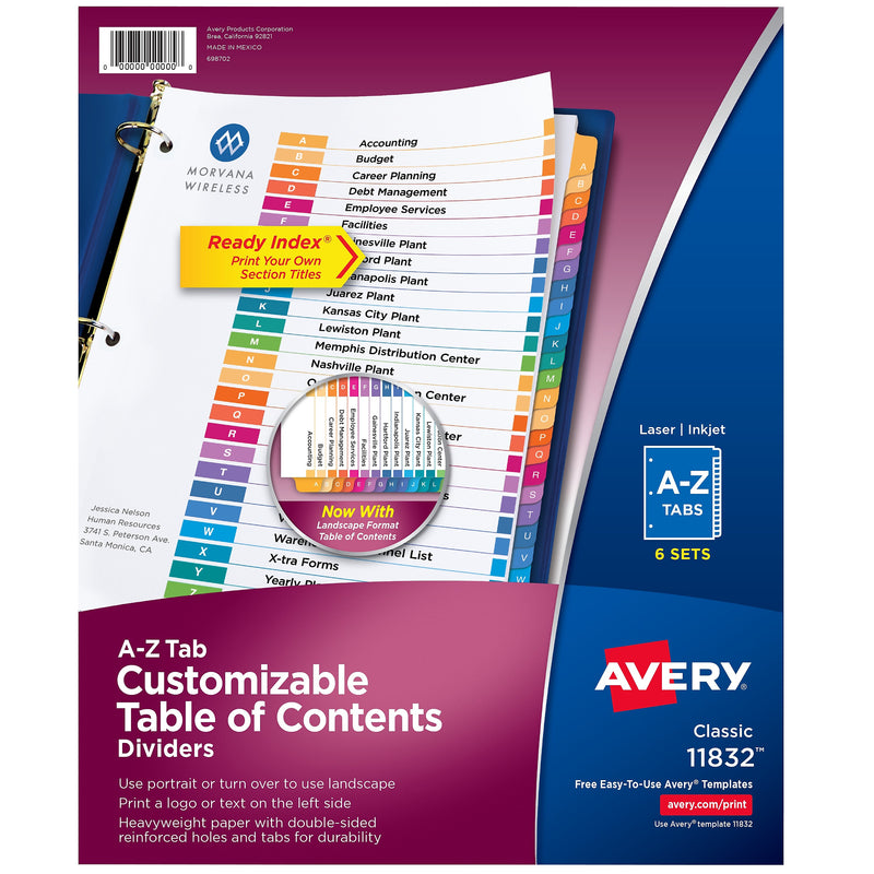 Avery Ready Index Table of Contents Pre-Printed Paper Divider, A-Z Tabs , Multicolor, 6 Sets (11832)