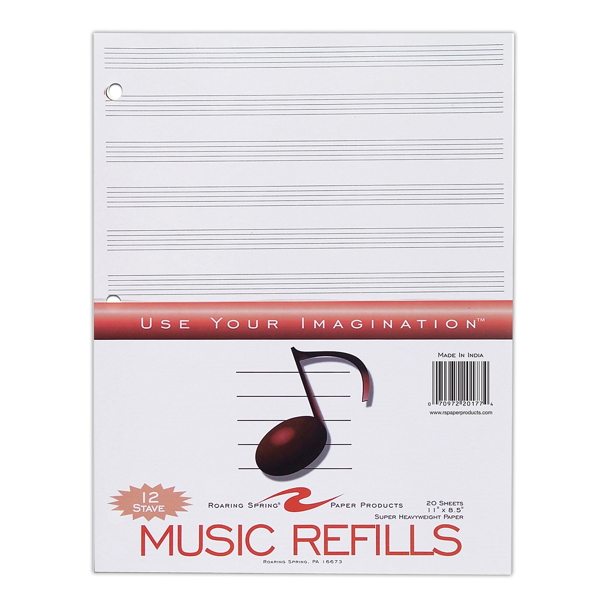 Roaring Spring Paper Products Music-Ruled Filler Paper, 8.5" x 11", 3-Hole Punched, 20 Sheets/Pack, 24 Packs/Carton (20177CS)