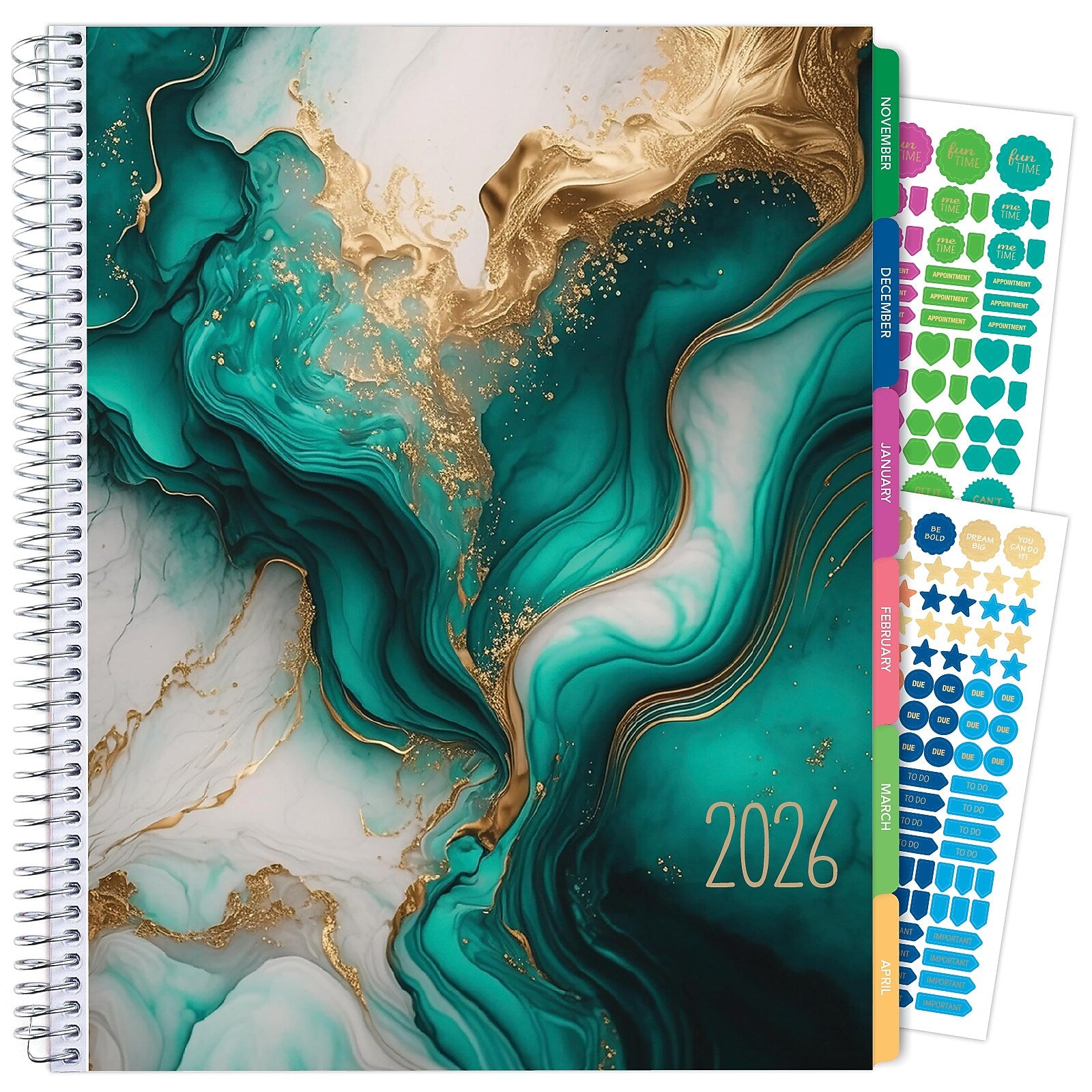 2026 Global Printed Products Teal Gold Marble 8.5" x 11" Weekly & Monthly Planner, Paperboard Cover (NRY26-LAMF-54)