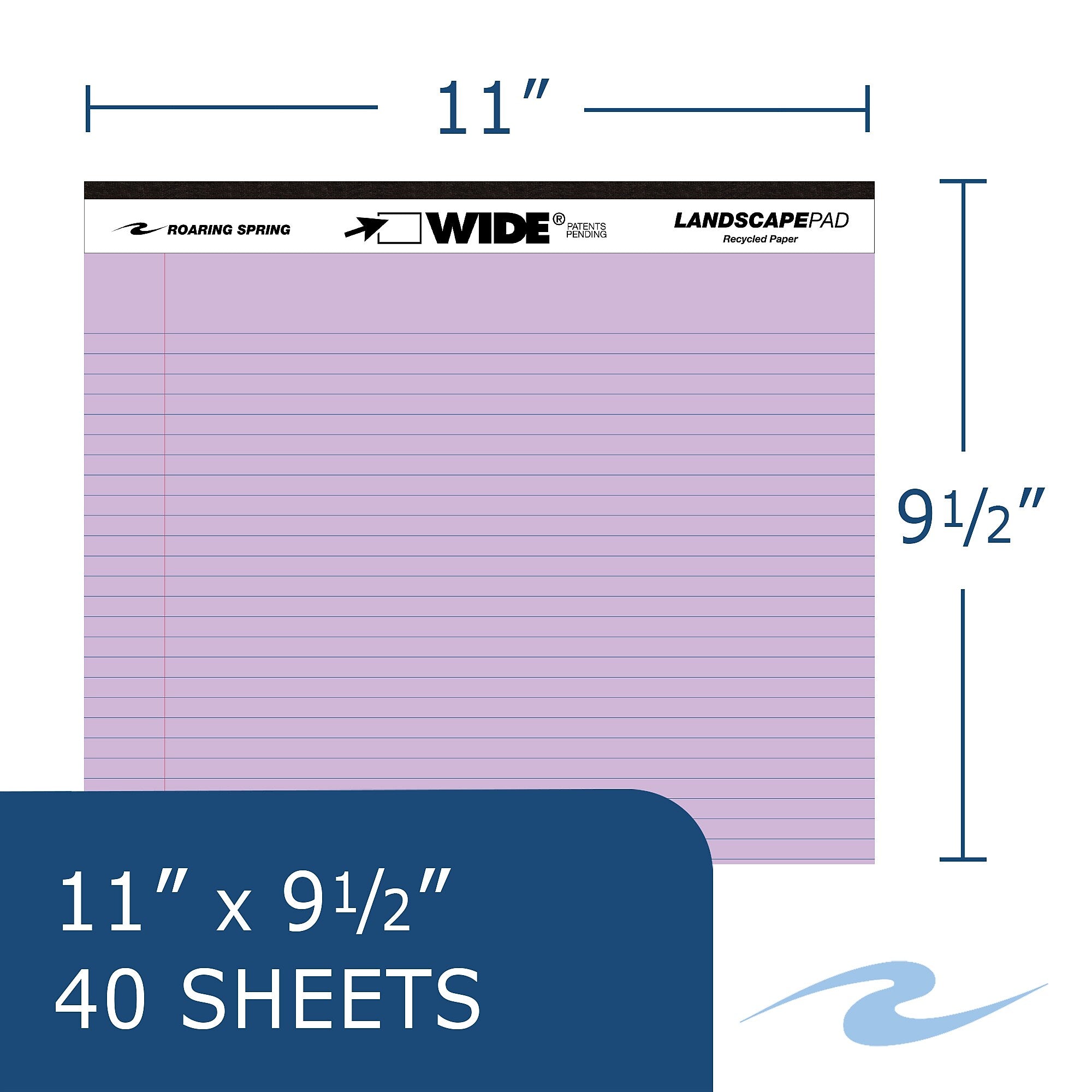 Roaring Spring WIDE Landscape Notepad, College Ruled, 11" x 9.5", Assorted Colors, 40 Sheets, 3/Pack (74535)