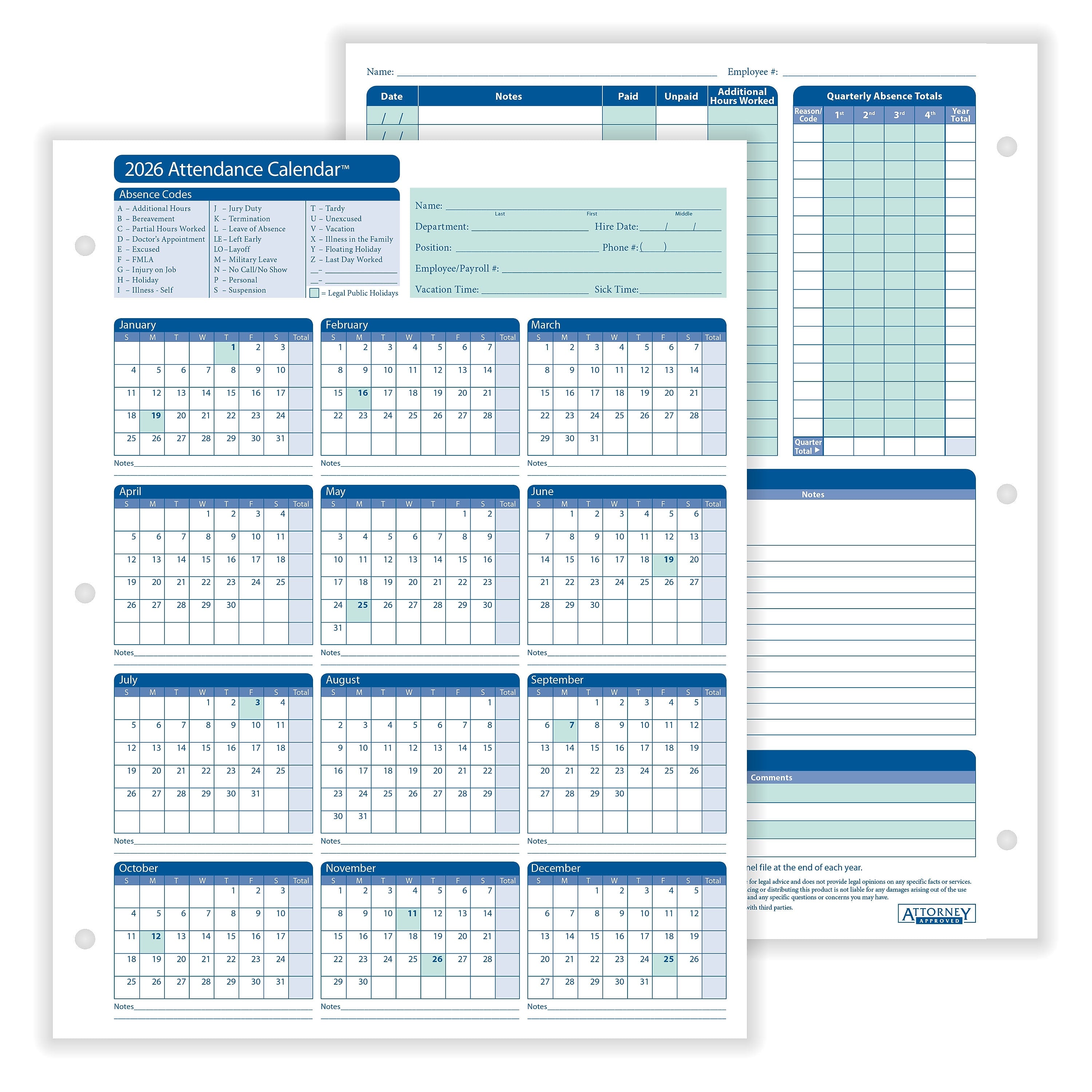 ComplyRight 2026 Attendance Calendar Card, 25 Forms/Pack (A4000W25)