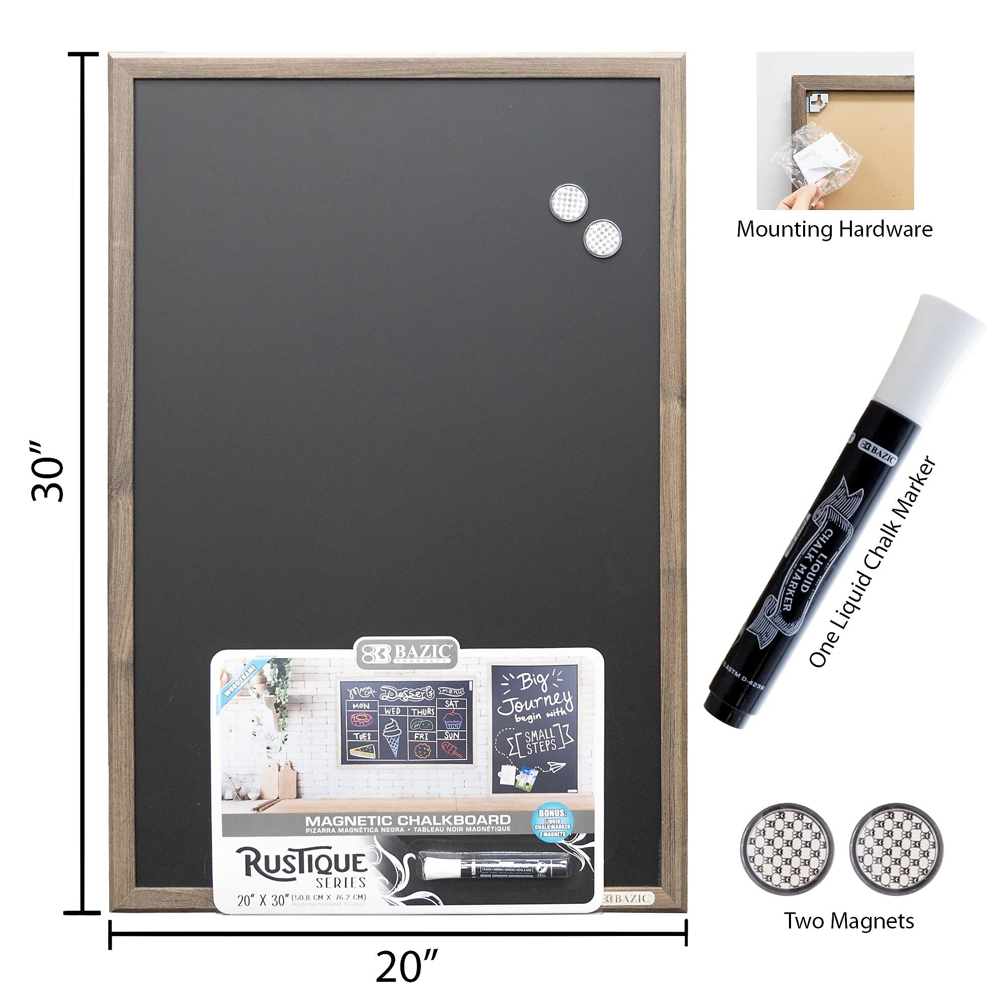BAZIC Products RUSTIQUE Wood Frame Magnetic Chalkboard, 20" x 30", Chalk Marker & Magnets (BAZ6081)