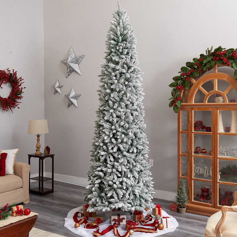 Nearly Natural 10-ft Slim Flocked Montreal Fir Artificial Christmas Tree with 800 Warm White LED Lights (T3314)