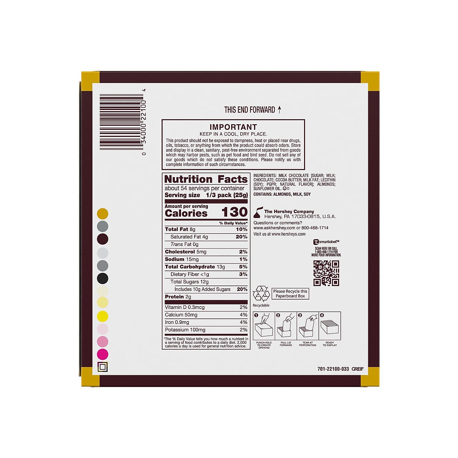 HERSHEY'S Milk Chocolate with Whole Almonds Candy Bars, 2.6 oz., 18/Box (HEC22100)