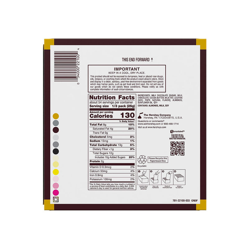 HERSHEY'S Milk Chocolate with Whole Almonds Candy Bars, 2.6 oz., 18/Box (HEC22100)