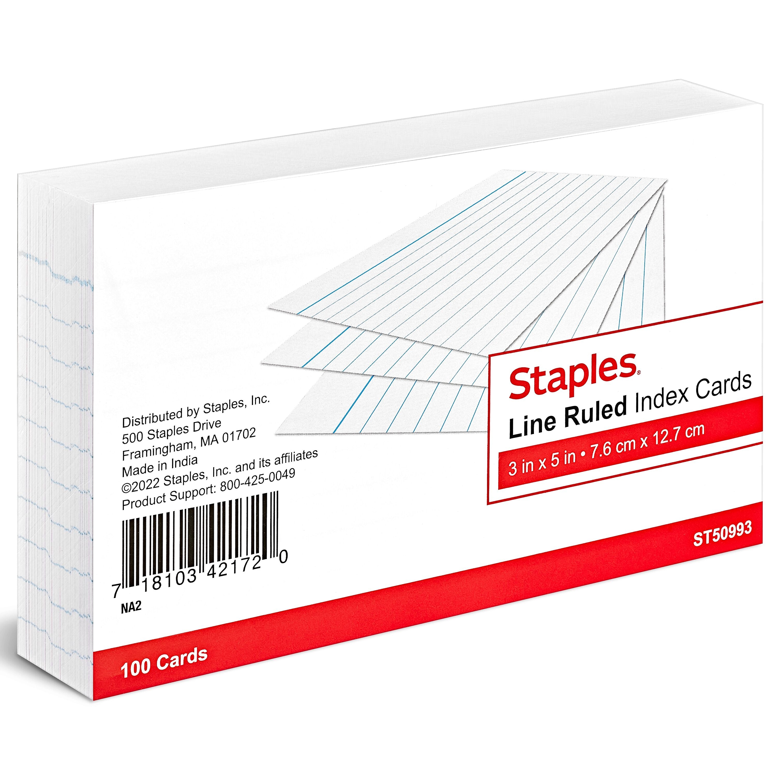 Staples 3" x 5" Index Cards, Narrow Ruled, White, 100/Pack (TR50993)