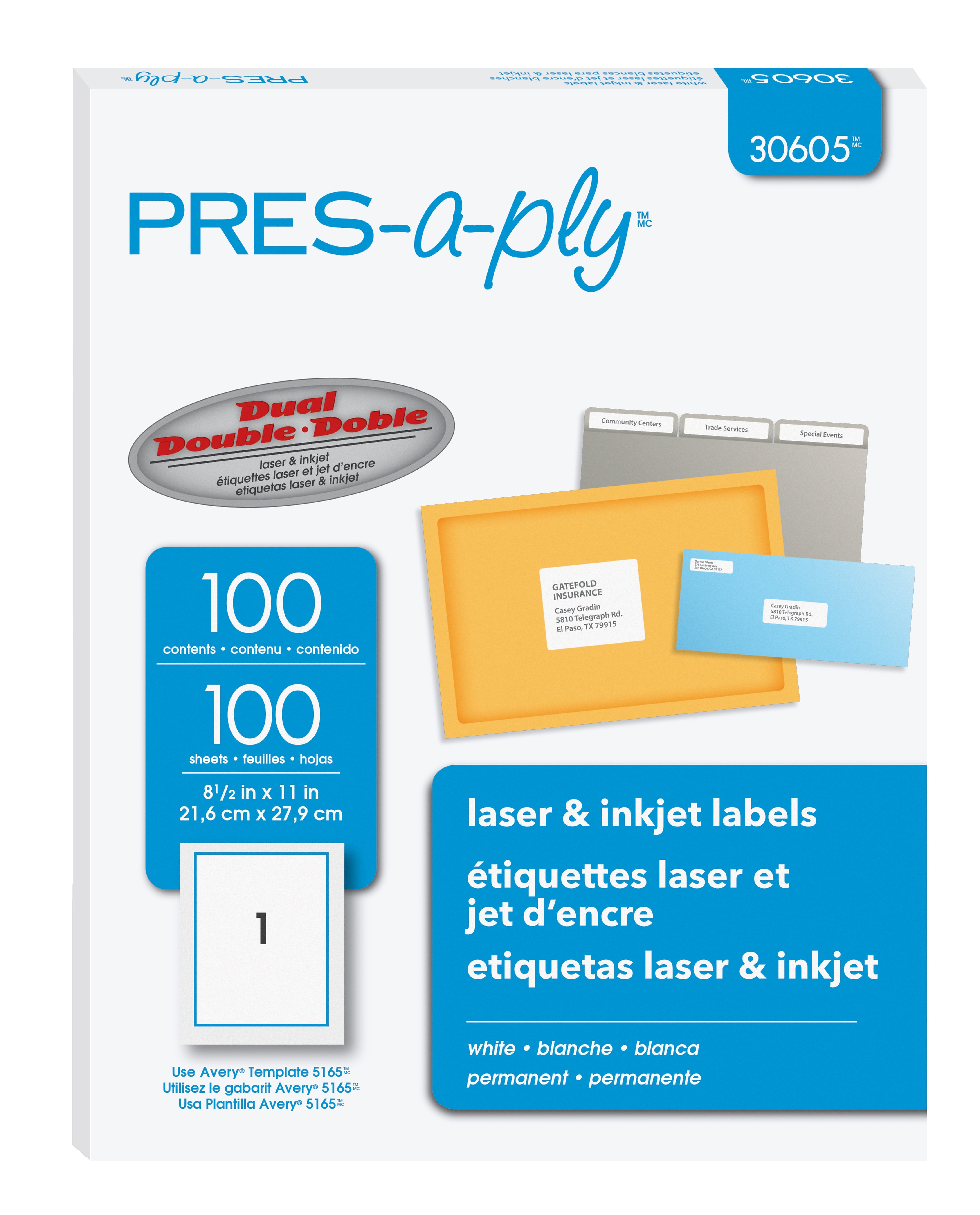 PRES-a-ply Laser/Inkjet Shipping Labels, 8-1/2" x 11", White, 100 Labels/Box (30605)