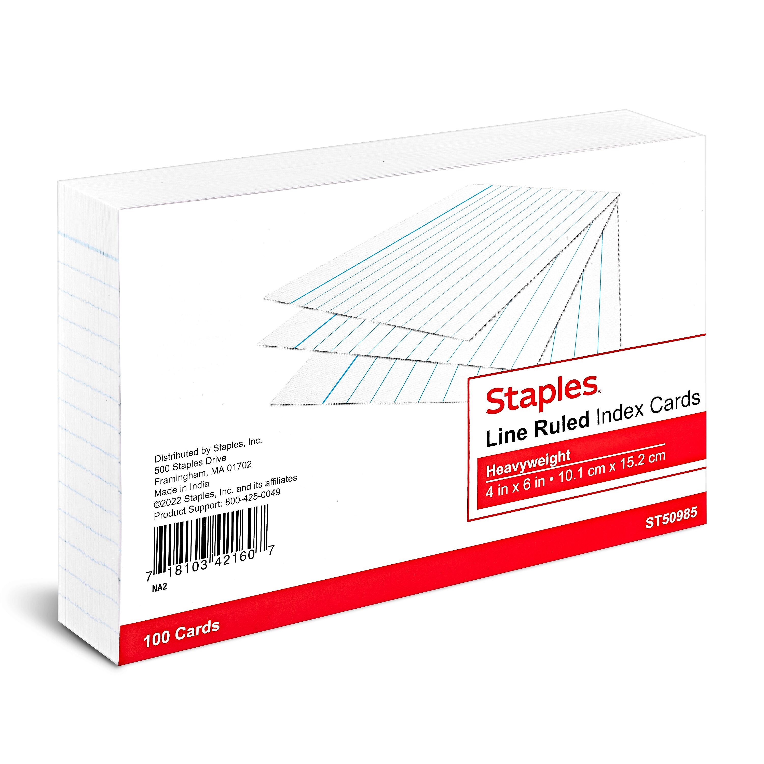Staples™ 4" x 6" Index Cards, Lined, White, 100/Pack (TR50985)