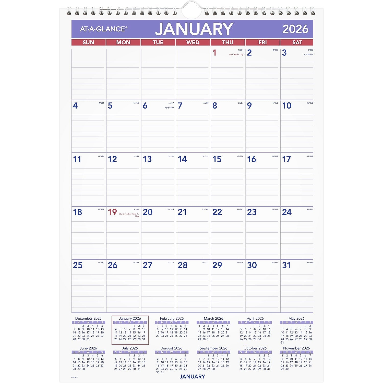 2026 AT-A-GLANCE 12" x 17" Monthly Wall Calendar, White/Purple (PM2-28-26)