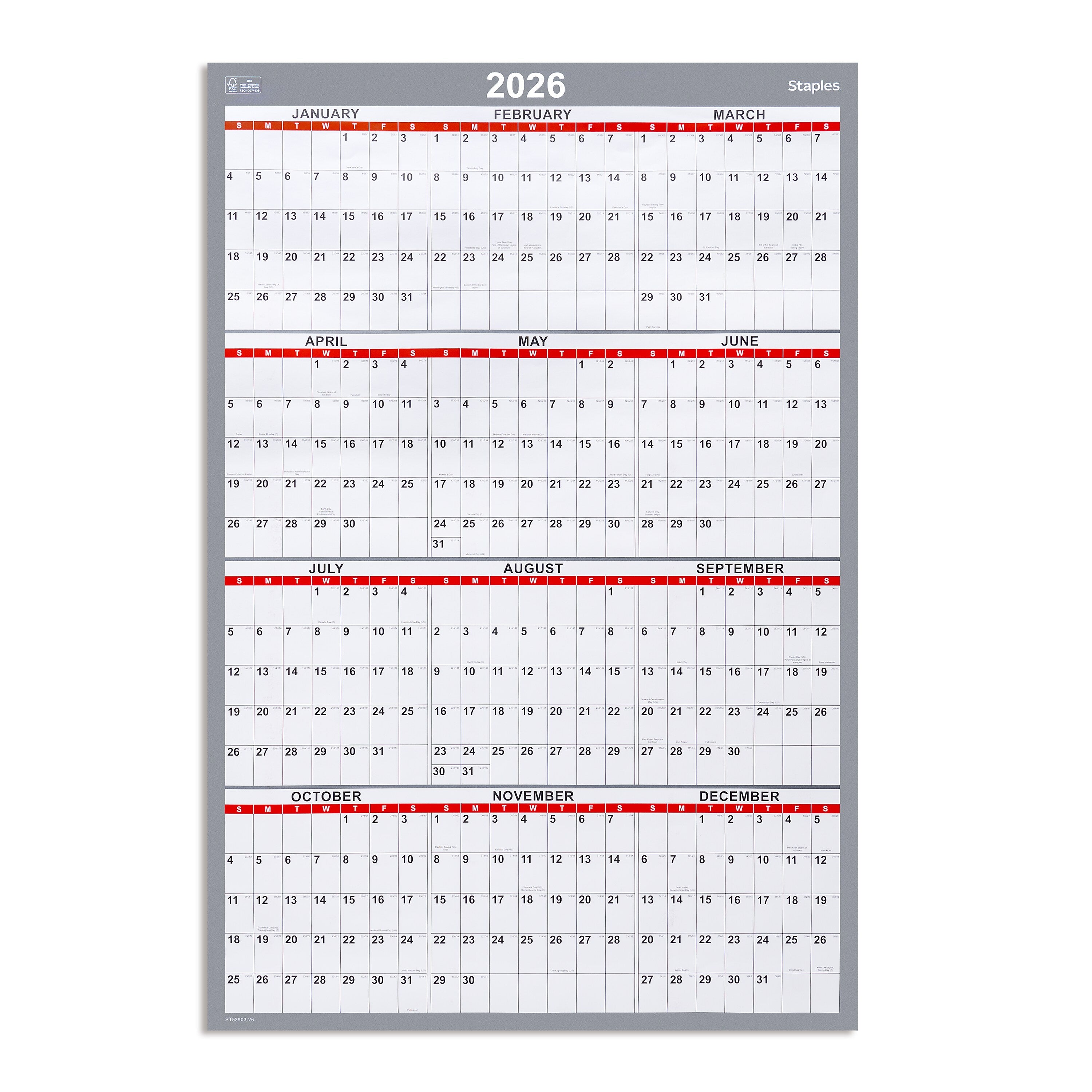 2026 Staples 36" x 24" Yearly Wall Calendar, White/Red/Gray (ST53903-26)