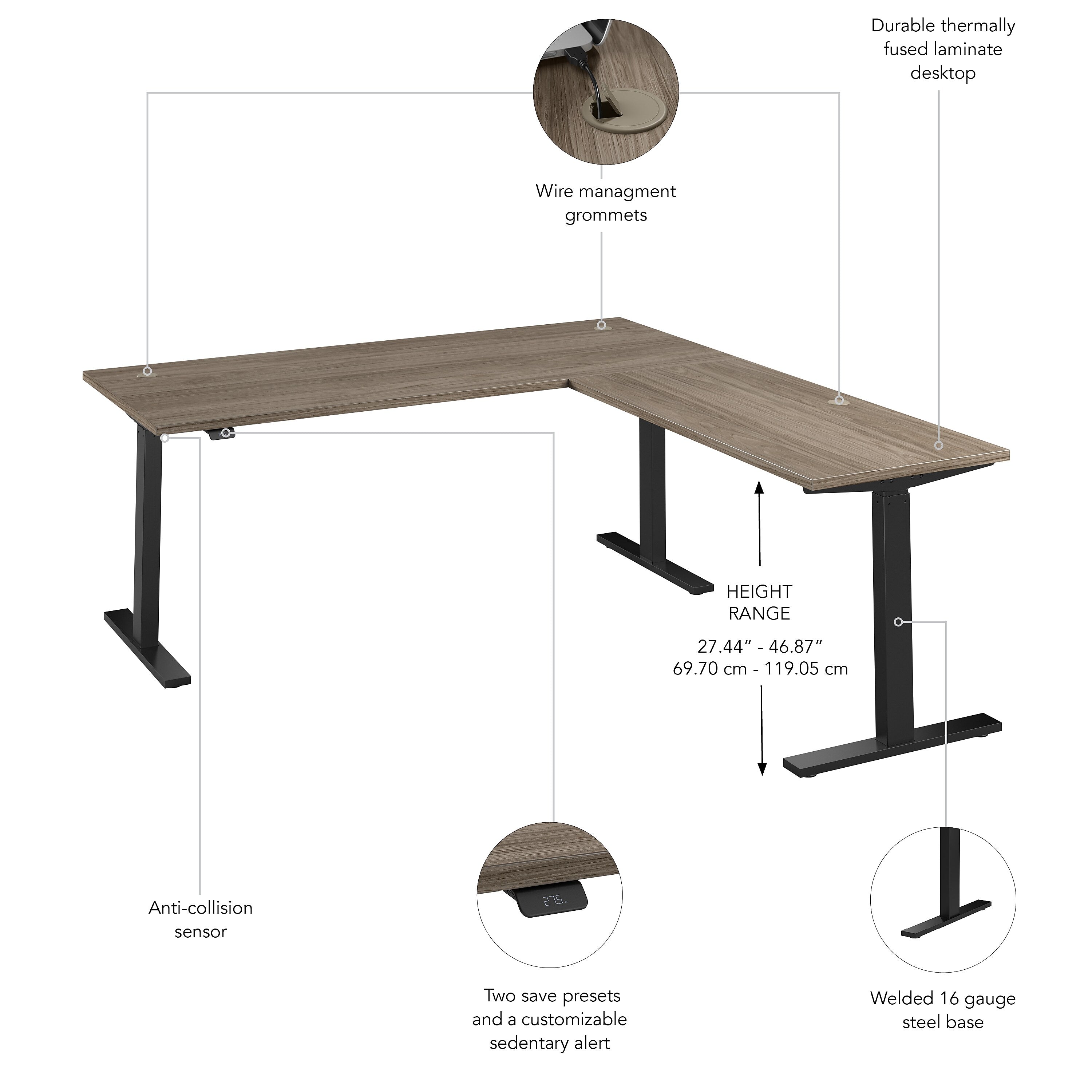 Bush Business Furniture Move 60 Series 72"W L Shaped Adjustable Standing Desk, Modern Hickory (M6SL7278MHBK)