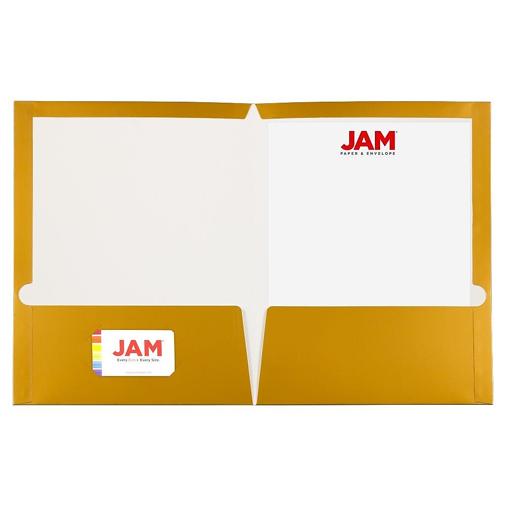 JAM Paper Glossy 3-Hole Punched 2 Pocket Cardstock Presentation Folder, Gold, 100/Box (385GGOB)