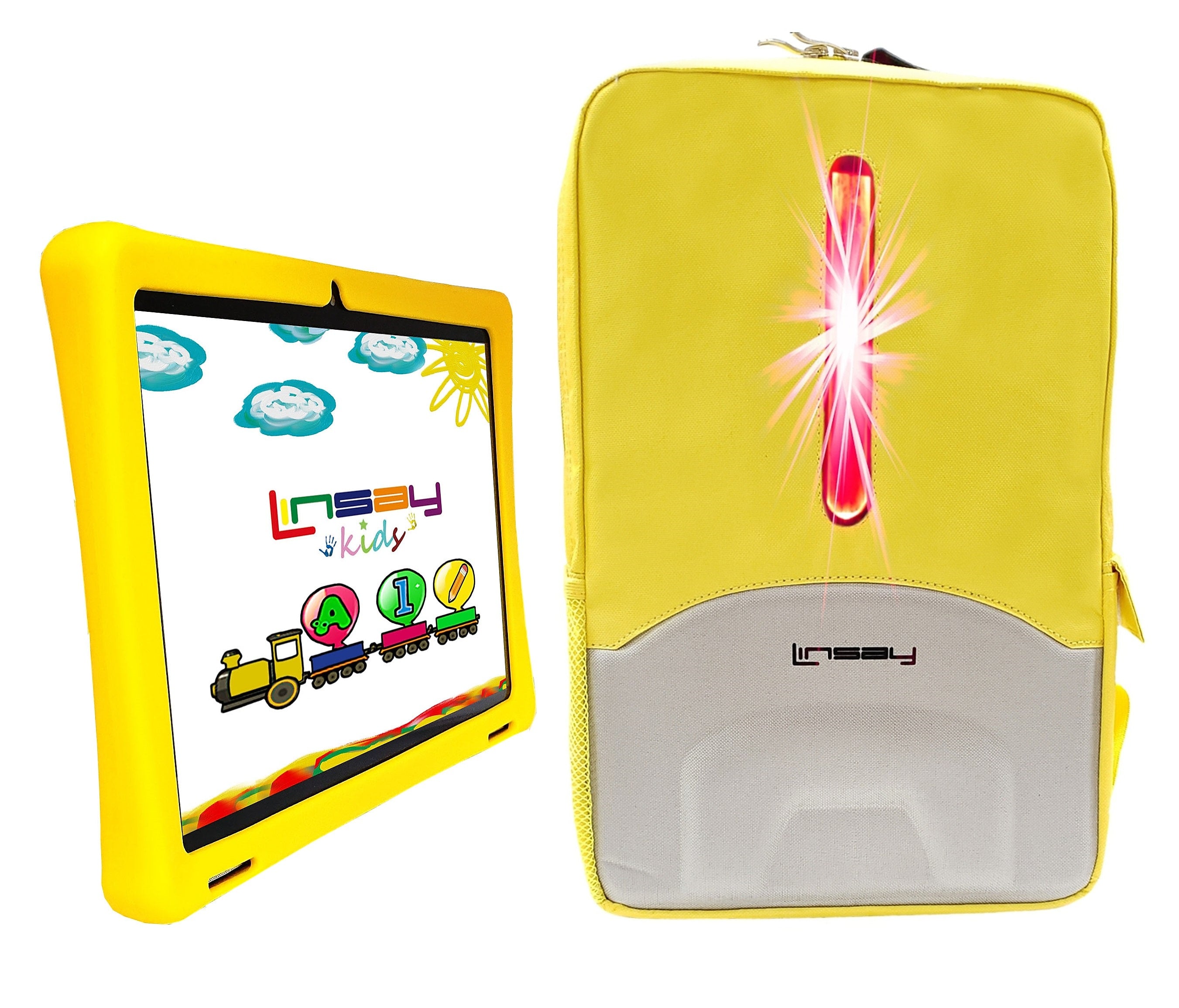 Linsay Octa Core 10.1" Tablet, 4GB RAM, 128GB Storage, Android 13, Bundled with Yellow Kids Case, Earphones, LED Backpack