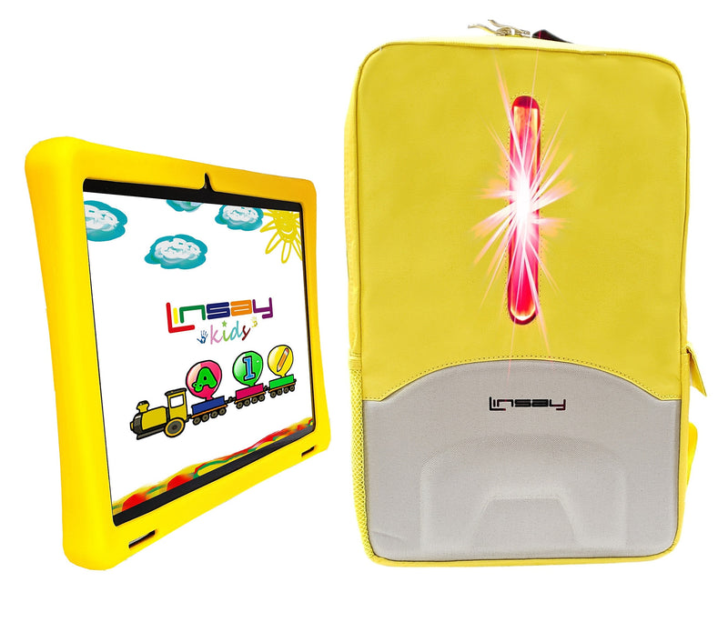 Linsay Octa Core 10.1" Tablet, 4GB RAM, 128GB Storage, Android 13, Bundled with Yellow Kids Case, Earphones, LED Backpack