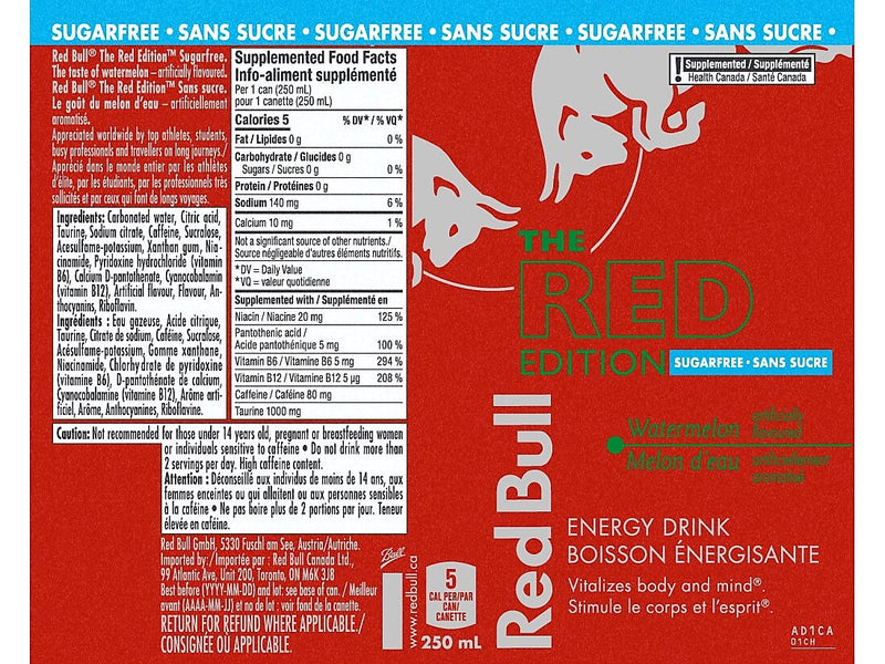 Red Bull Red Edition Sugar-Free Watermelon Energy Drink, 8.4 oz., 24 Cans/Carton (RB243202)