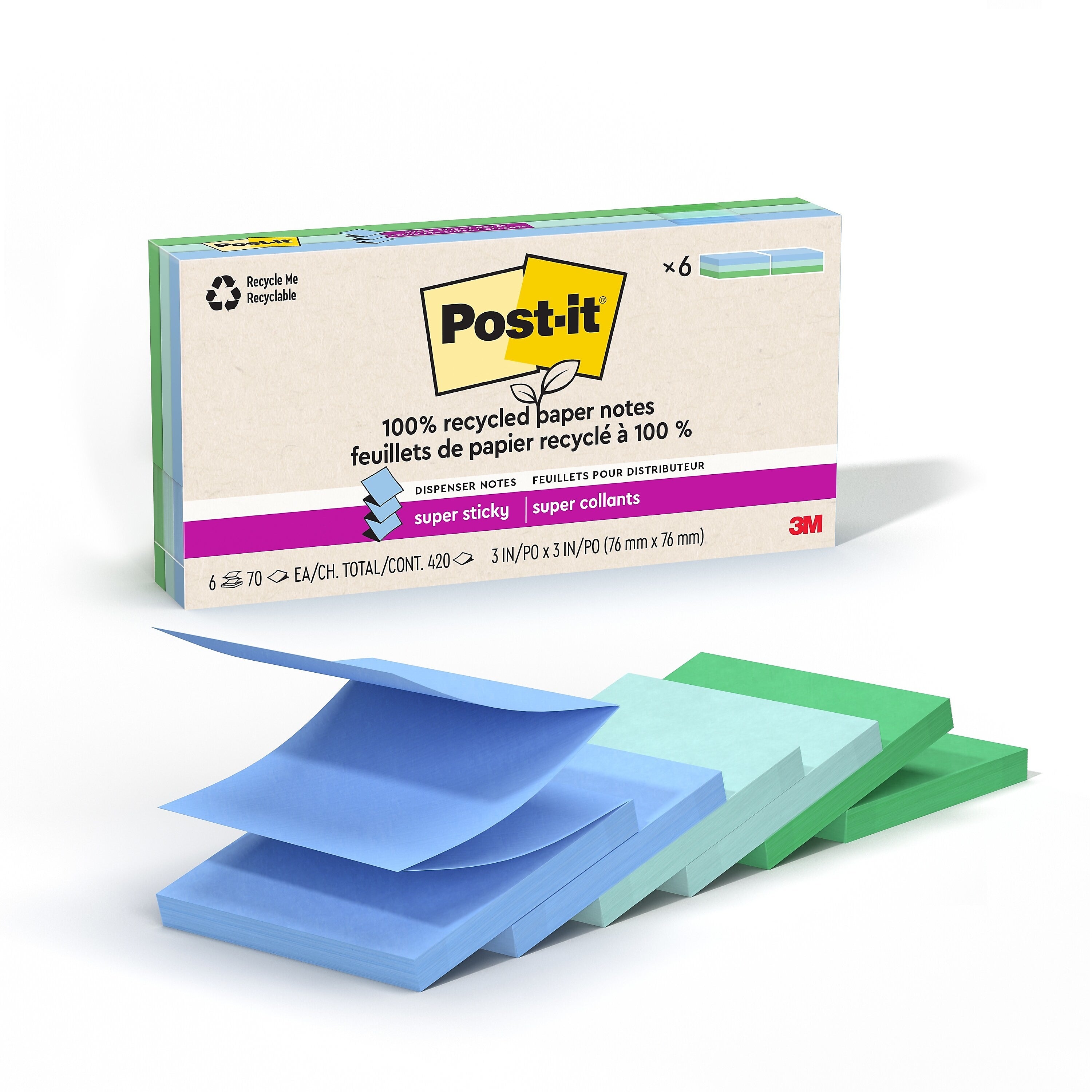 Post-it Oasis Recycled Pop-up Super Sticky Notes, 3" x 3", Oasis Collection, 70 Sheets/Pad, 6 Pads/Pack (R330R-6SST)