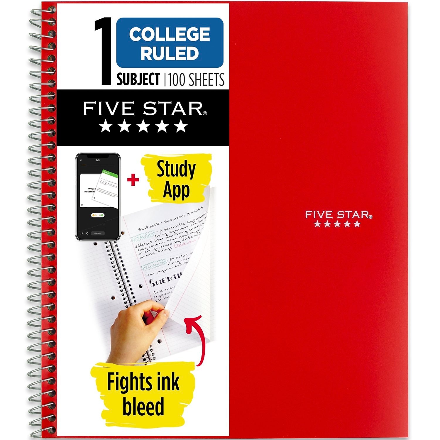 Five Star 1-Subject Notebook, 8.5" x 11", College Ruled, 100 Sheets, Red (72053)