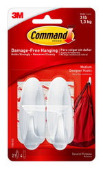 Command Medium Designer Hooks, 3 lb., White, 2/Pack (17081ES)