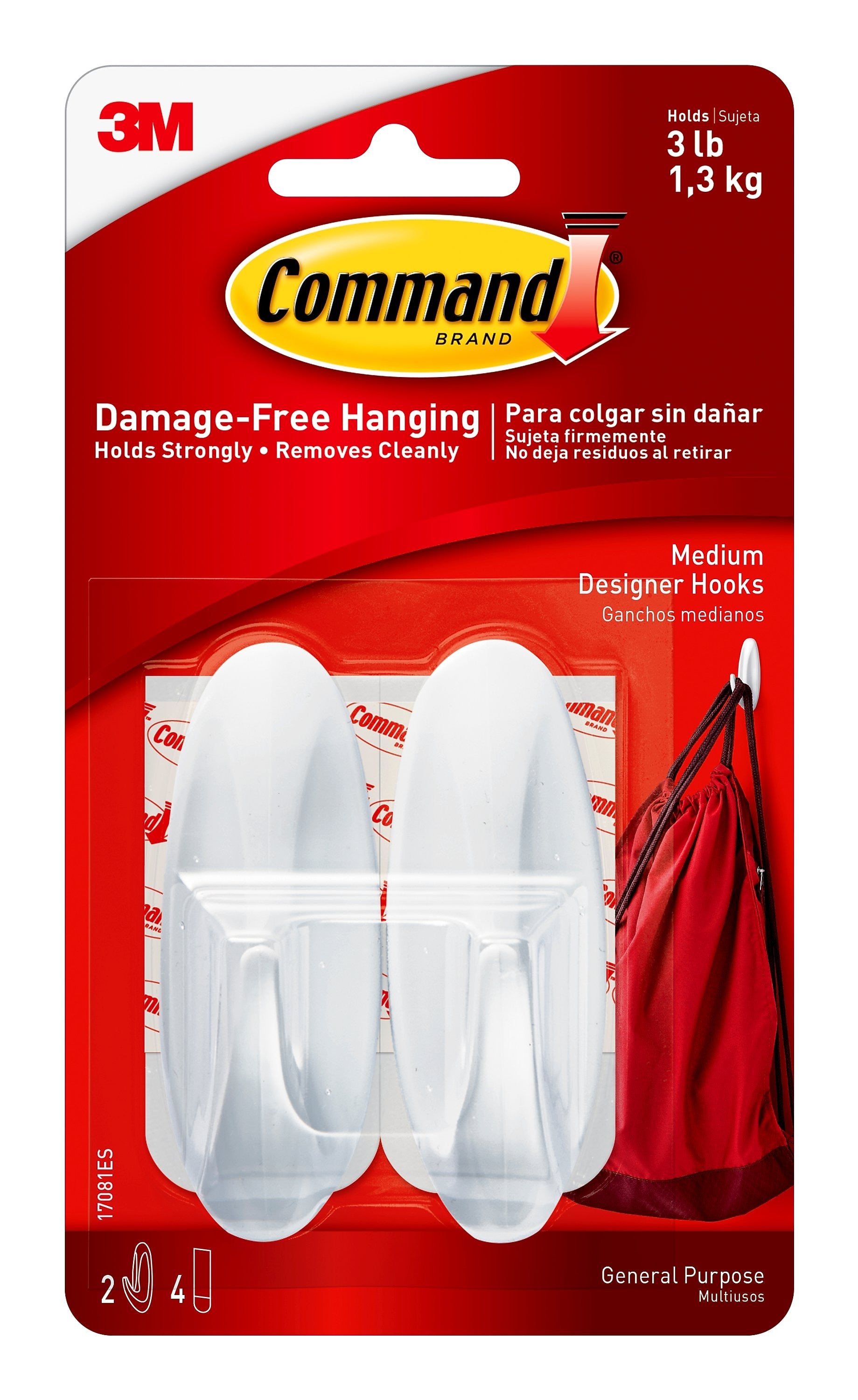 Command Medium Designer Hooks, 3 lb., White, 2/Pack (17081ES)