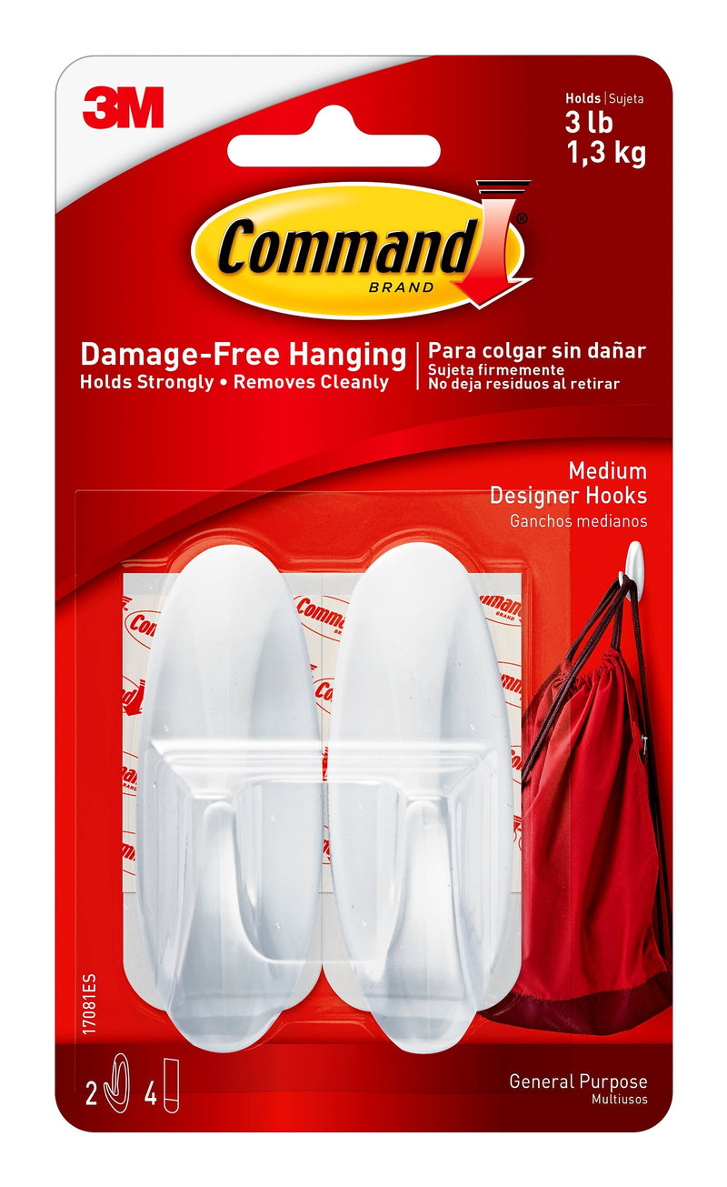 Command Medium Designer Hooks, 3 lb., White, 2/Pack (17081ES)