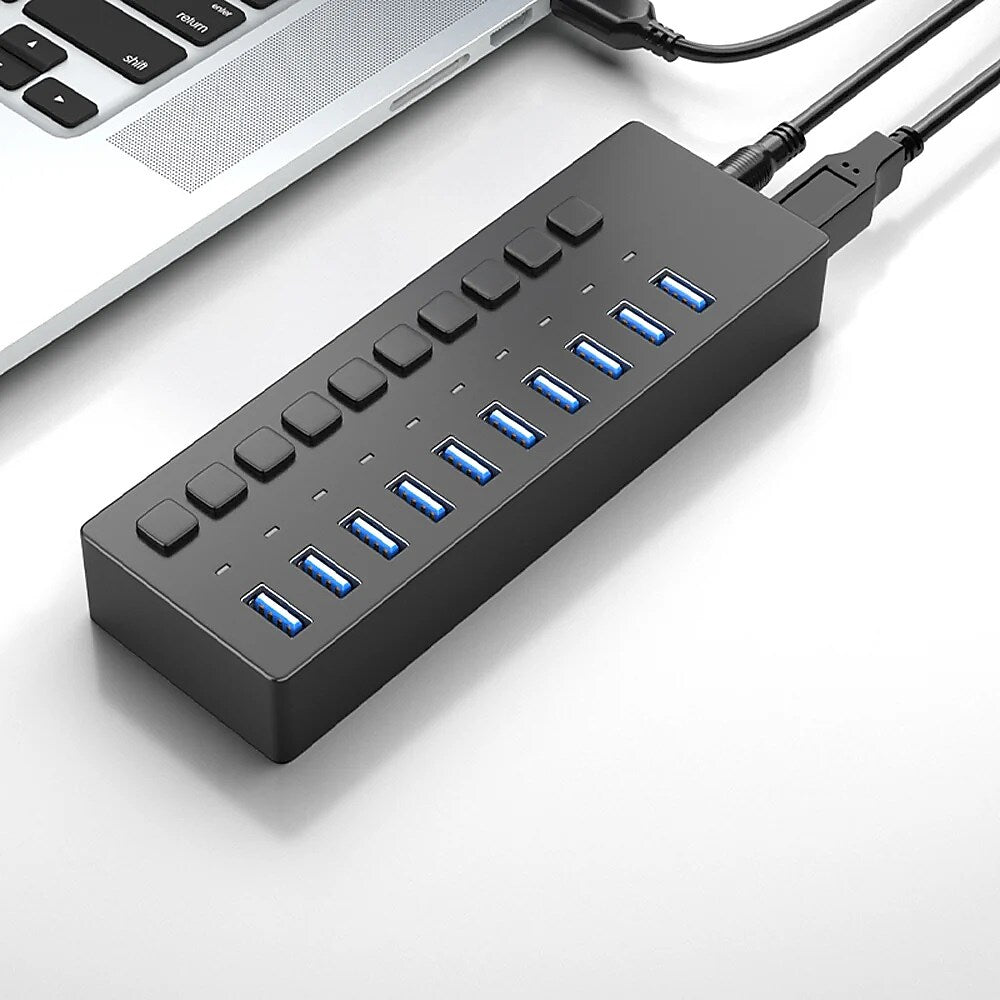 4XEM 10-Port USB 3.0 Power Switch Data Transfer Hub, Gray (4XH710)