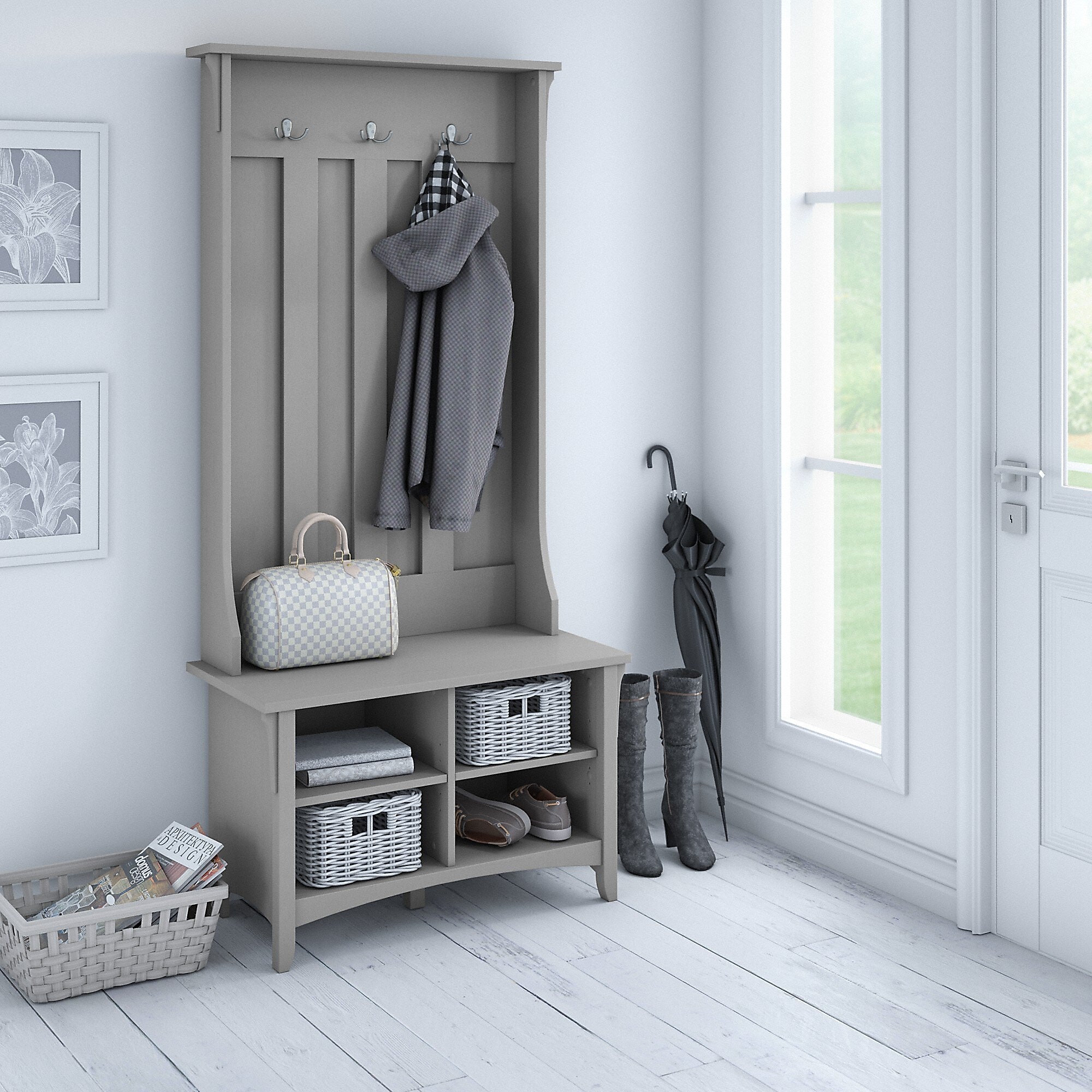 Bush Furniture Salinas Hall Tree with Storage Bench, Cape Cod Gray (SAL001CG)