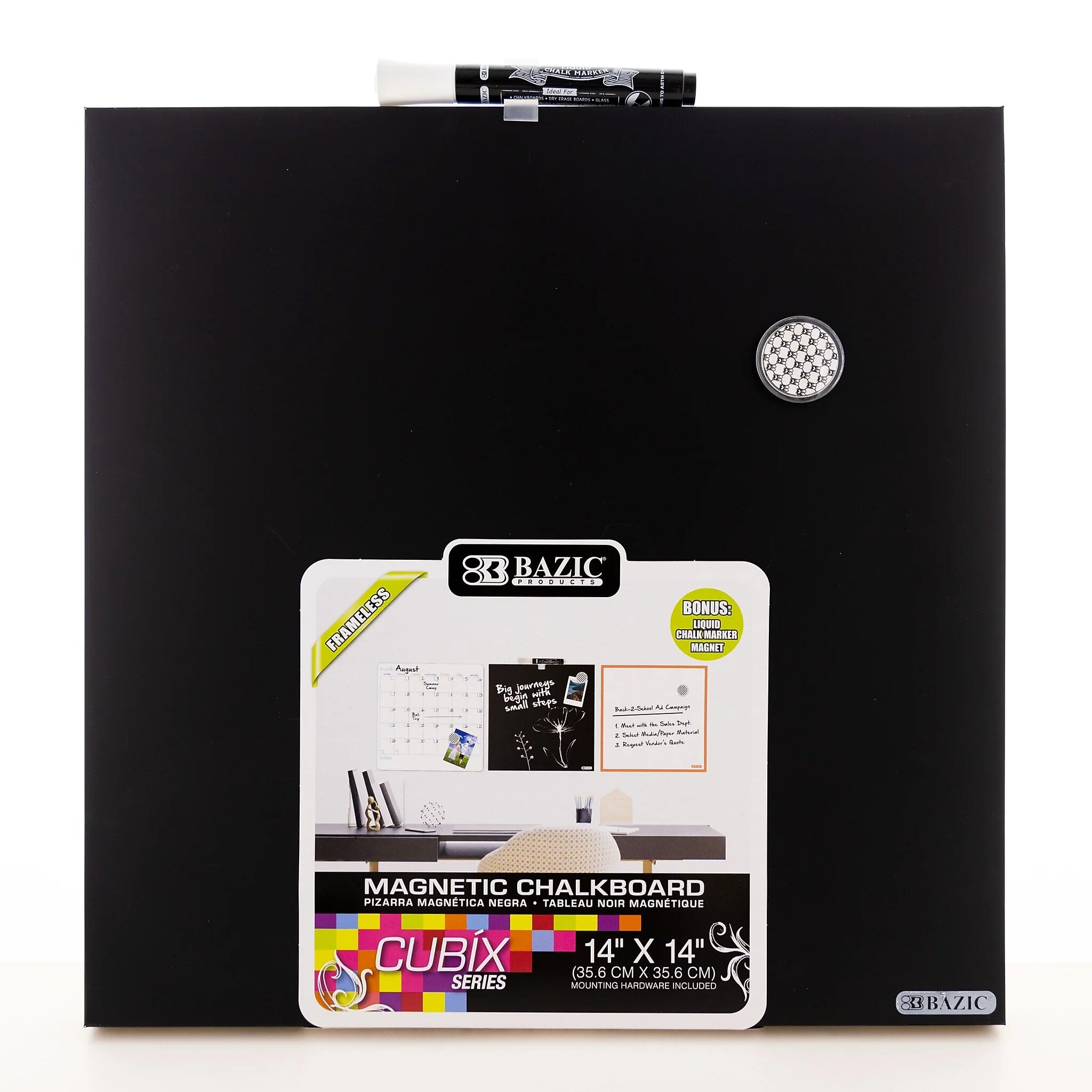 BAZIC Products CUBIX Frameless Magnetic Chalkboard, 14" x 14", Chalk Marker & Magnet (BAZ6049)
