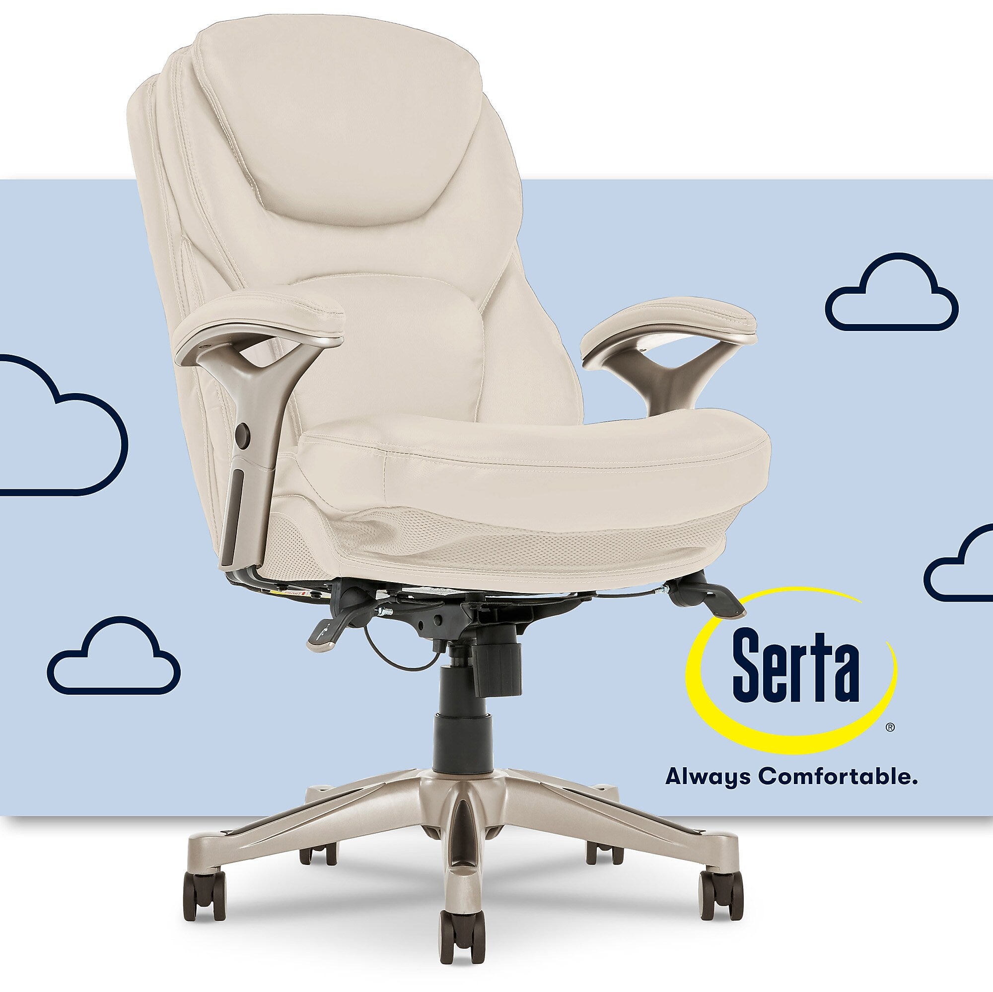 Serta Claremont Ergonomic Faux Leather Swivel Executive Chair with Back in Motion Technology, Ivory (44186C)