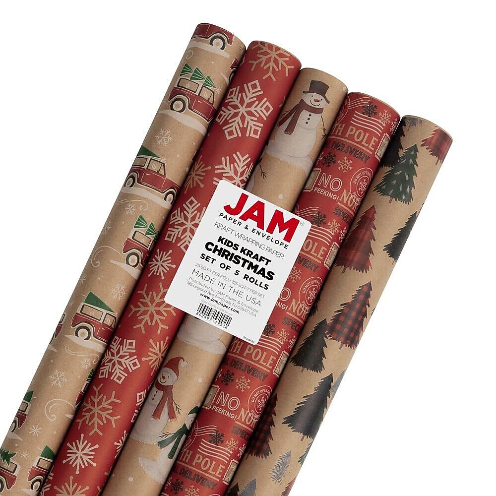 JAM Paper Christmas Wrapping Paper, 25 Sq. ft. x 30", Kids Kraft Christmas Set, 5 Rolls/Pack (165K5KRKID)