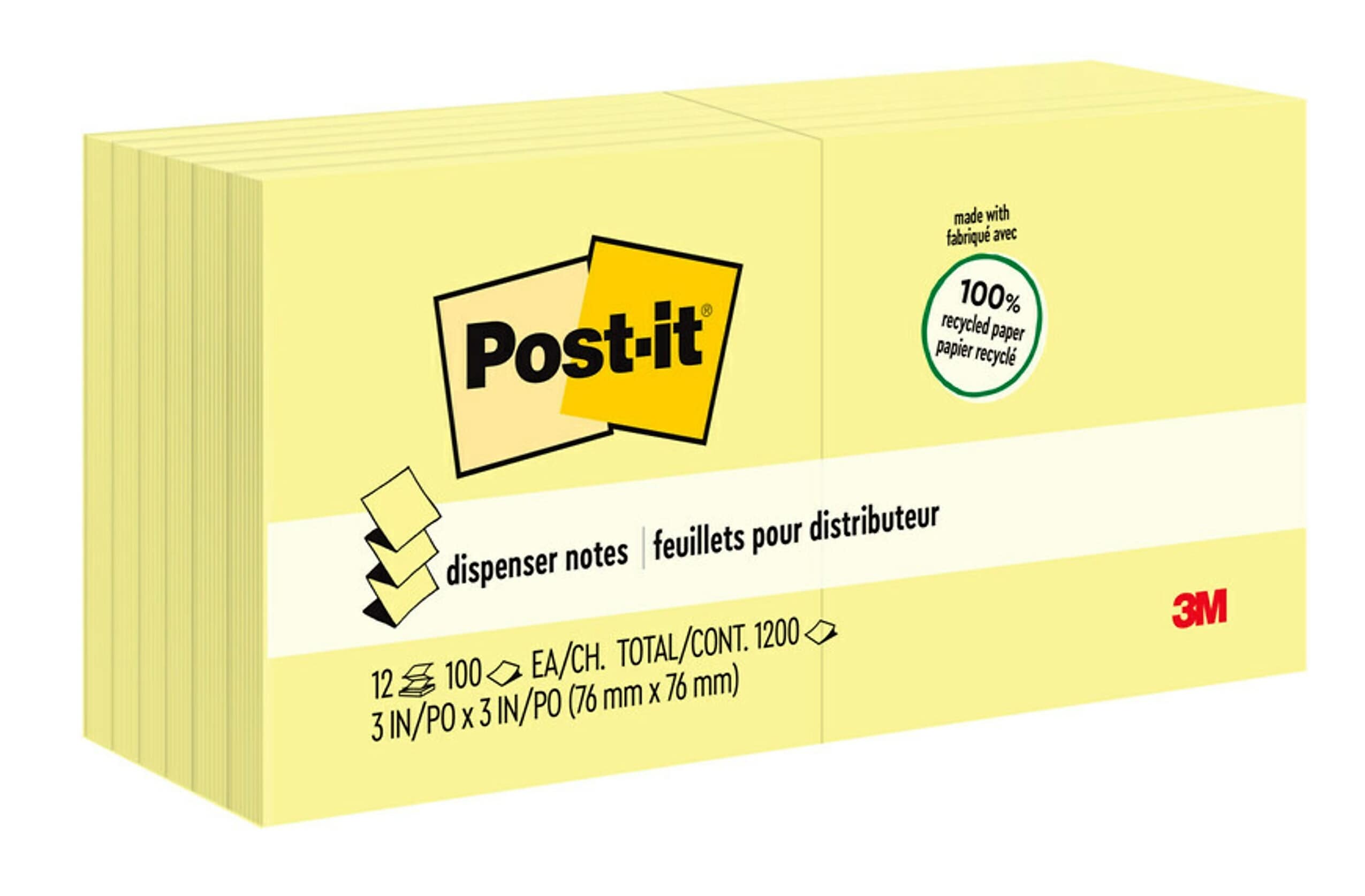 Post-it Recycled Pop-up Notes, 3" x 3", Canary Collection, 100 Sheet/Pad, 12 Pads/Pack (R330RP12YW)