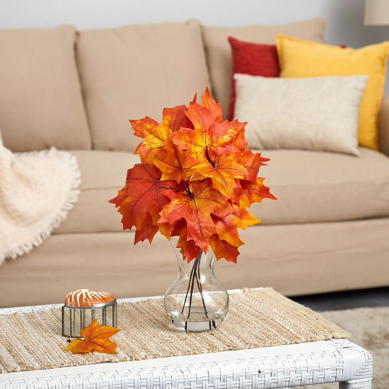 Nearly Natural 18" Autumn Maple Leaf Artificial Plant in Glass Planter (P1541-OG)