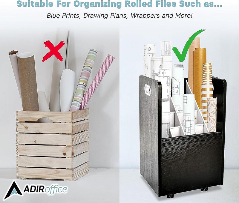 AdirOffice 20-Slot Mobile Roll File, 24.75" H x 15.25" W x 13.25" D, Black (624-BLK-KIT1)